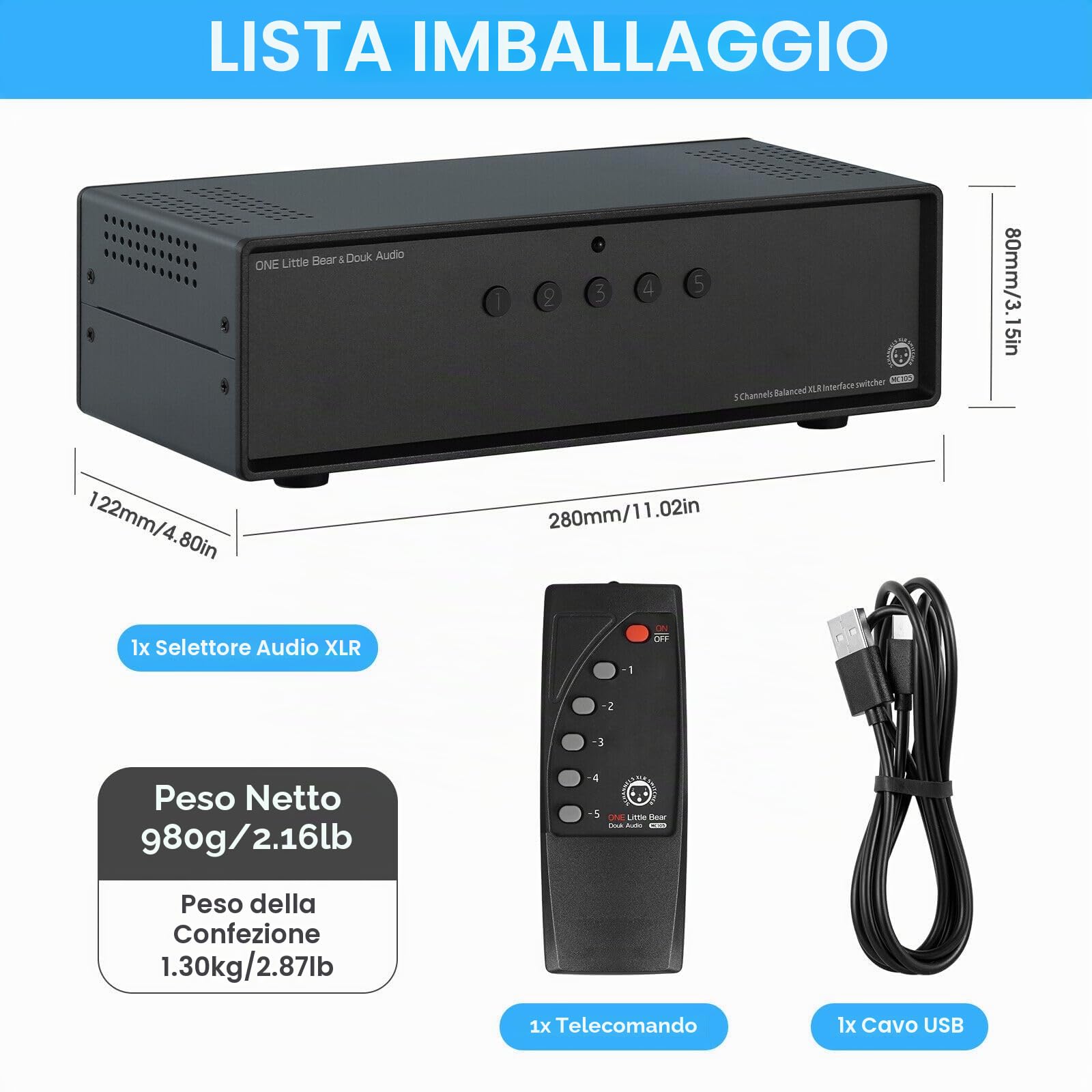 Douk Audio Commutatore bilanciato XLR a 5 porte 1(5)-IN-5(1)-Out Audio Switcher Box Splitter (1-IN-5-OUT)