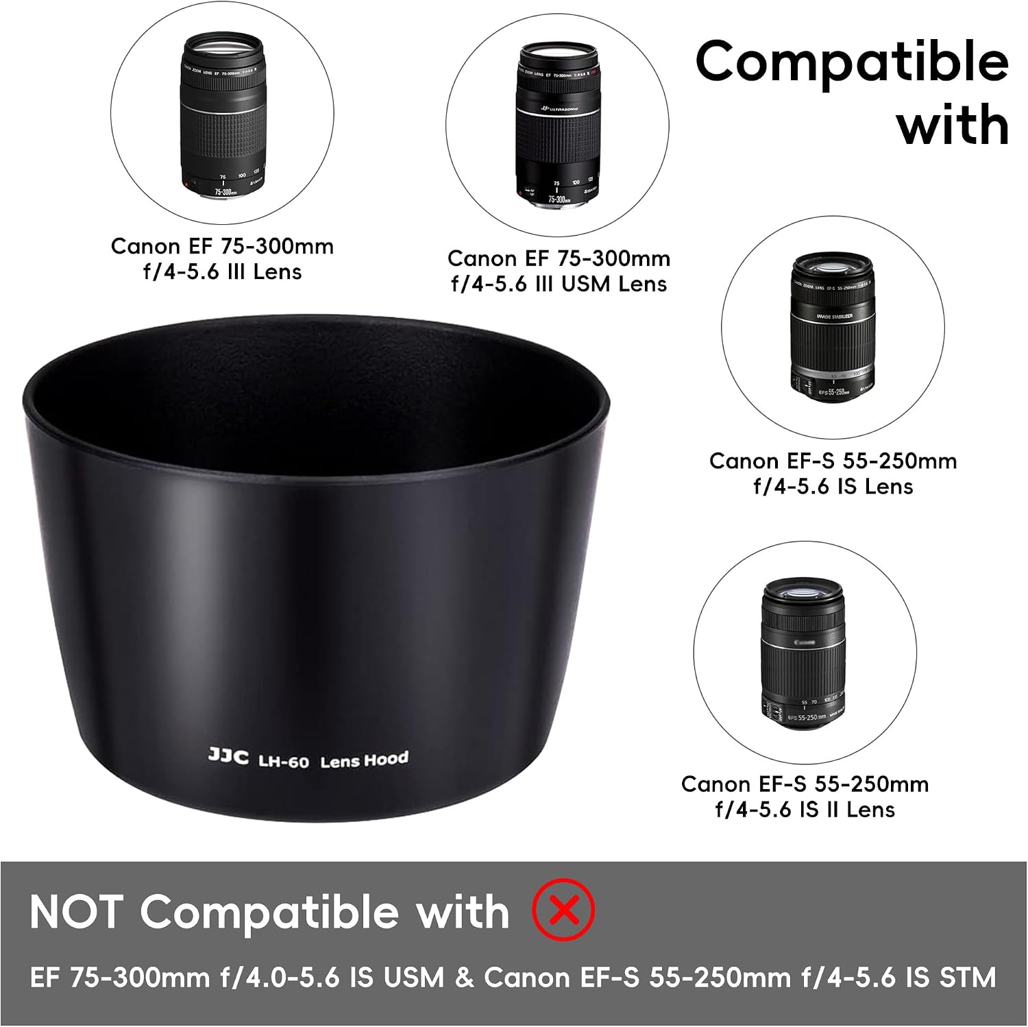 Reversible ET-60 Lens Hood Shade Protector for Canon EF 75-300mm f/4-5.6 III USM & EF-S 55-250mm f/4-5.6 is II & RF 75-300mm F/4-5.6 On 5D Mark IV III 7D 6D Mark II 90D 80D Rebel T8i T7i T7