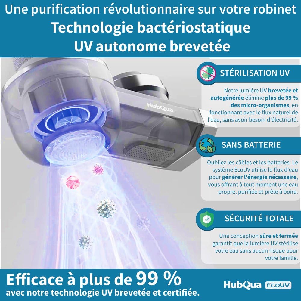 EcoUV - Filtre à Eau pour Robinet avec Technologie UV Brevetée Autogénérée, 2 Cartouches Double Action (Antical + Fibre de Carbone) Incluses, Élimine Calcaire, Chlore, Bactéries et Impuretés