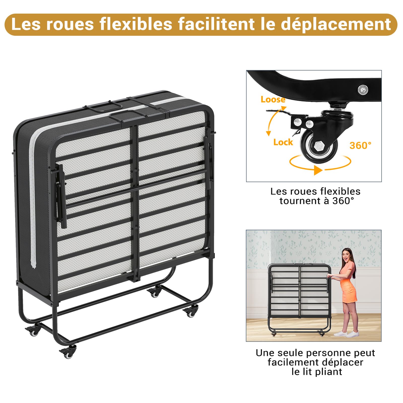 Brinlawb Lit Pliant 1 Personne 90x200 cm avec Matelas, Lit Pliable Adulte avec Matelas en Mousse de 10 cm, Lit d'appoint 1 Personne avec Cadre de lit en métal et 4 roulettes, Charge 250 kg, Noir