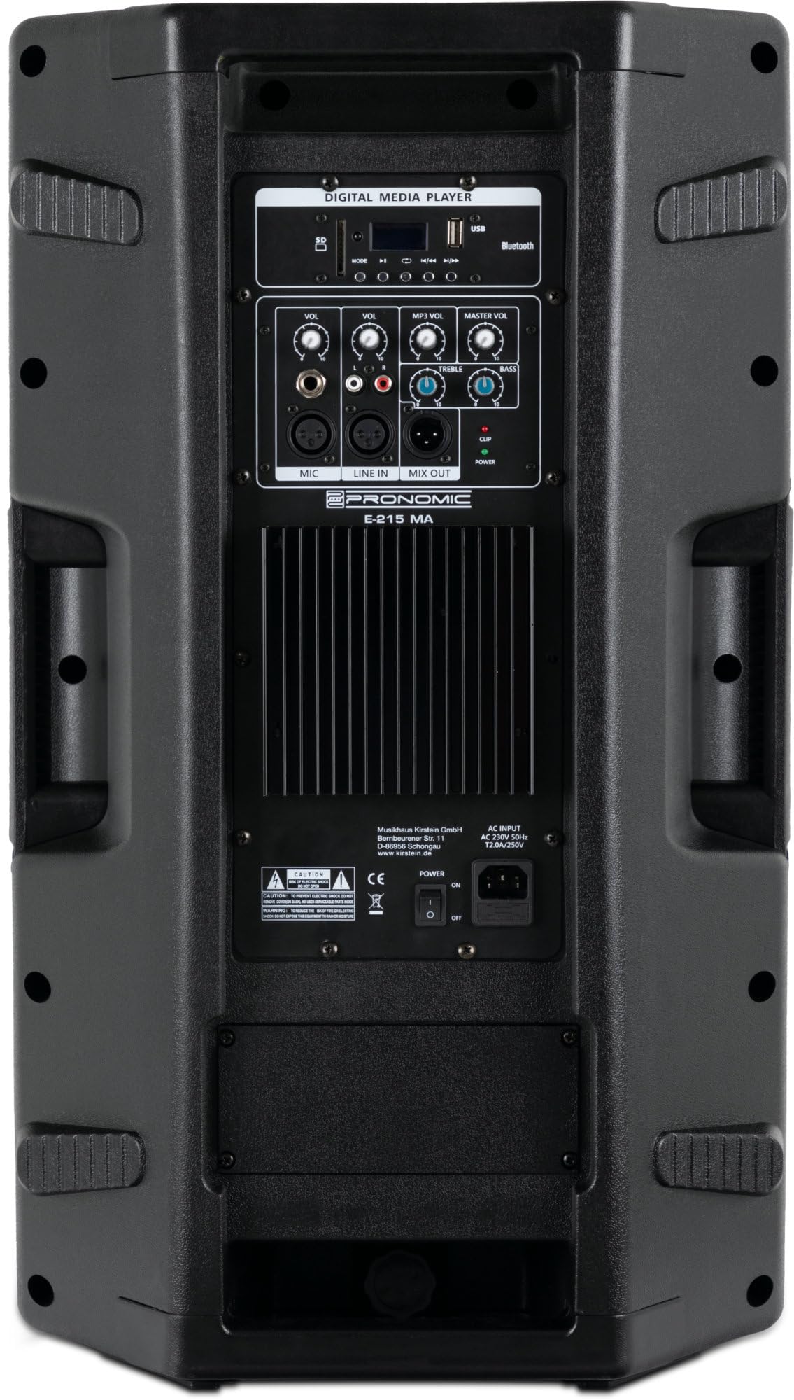 Pronomic E-215 MA - Aktive 2-Wege Box - Leistung: 120 Watt (RMS) - 15" Woofer + 1,0" Kompressions-Treiber - Bluetooth-Empfänger und MP3-Player mit USB/SD - Monitorschräge