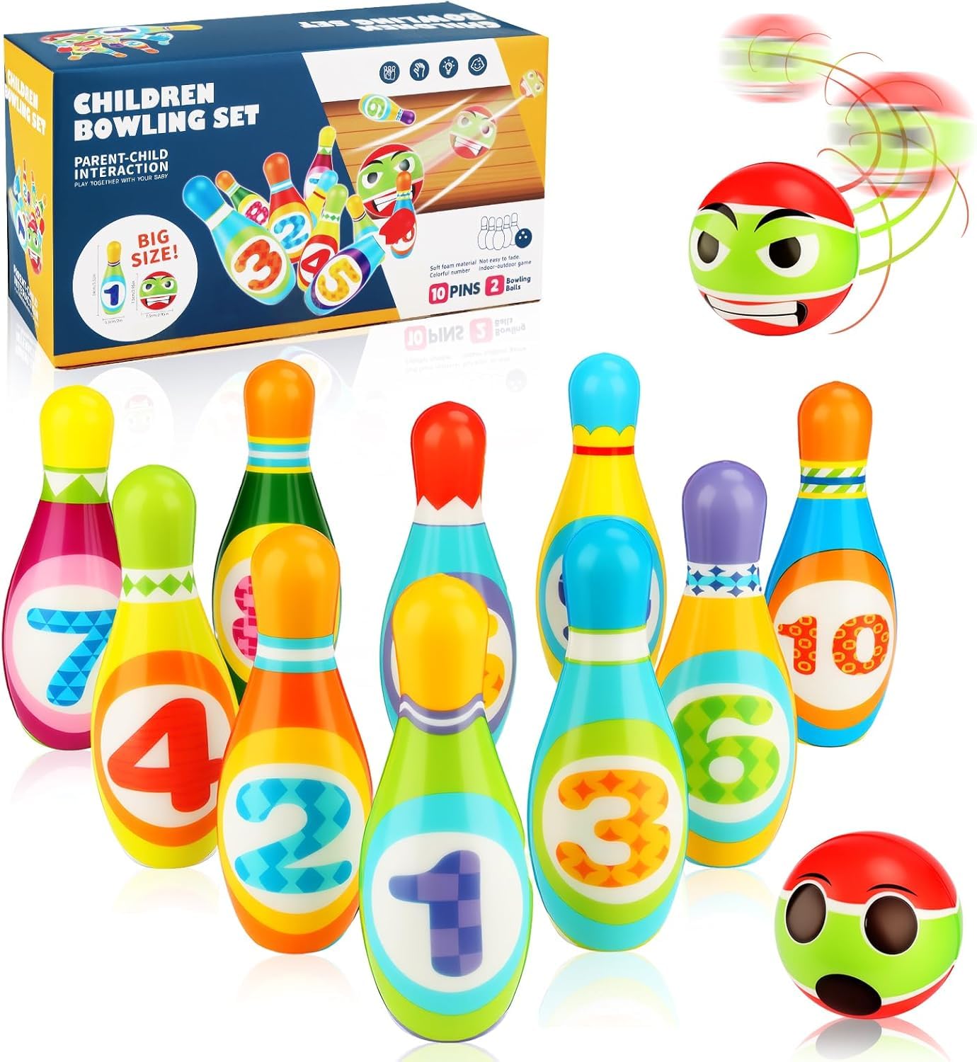Bowling Enfant,Jeu de quilles pour Enfants,Jouets Montessori,10 Quilles Colorées + 2 Balles en Mousse,Idée Cadeau pour Garçons et Filles (à partir de 3 Ans)