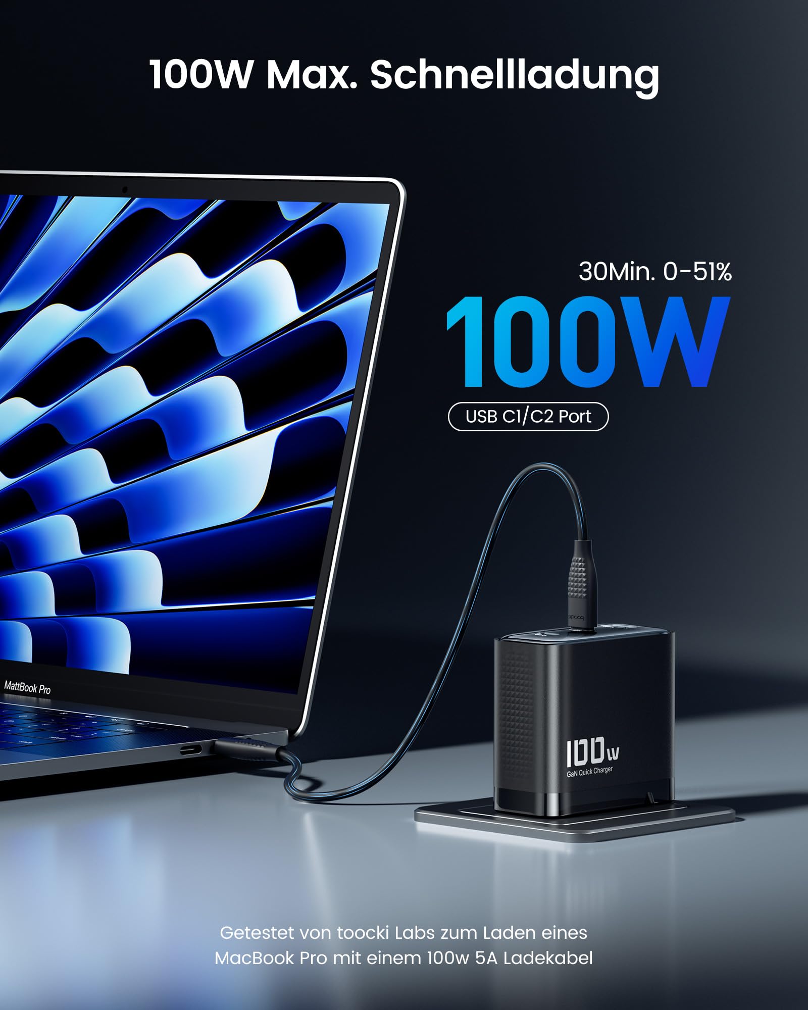 toocki 100W Caricatore USB C GaN Tech 3 Porte, Caricabatterie Type C Caricabatterie Rapido Compatto Compatibile con MacBook Air, iPhone 16/15/14/13, iPad, Samsung Galaxy S24/ S23/ S22, Google Pixel