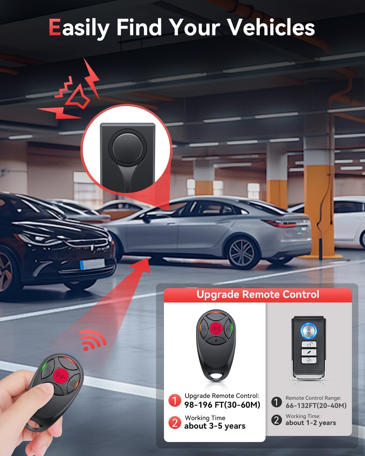 Auto-Vibrationsalarm mit Ton und Licht und Fernbedienung, ELECTOP 108 dB Auto-Diebstahlschutz-Vibrationsalarm, Diebstahlschutz-LED-Blinklicht, kabelloser Fahrzeug-Sicherheitsalarm mit 2 Stück Alarm