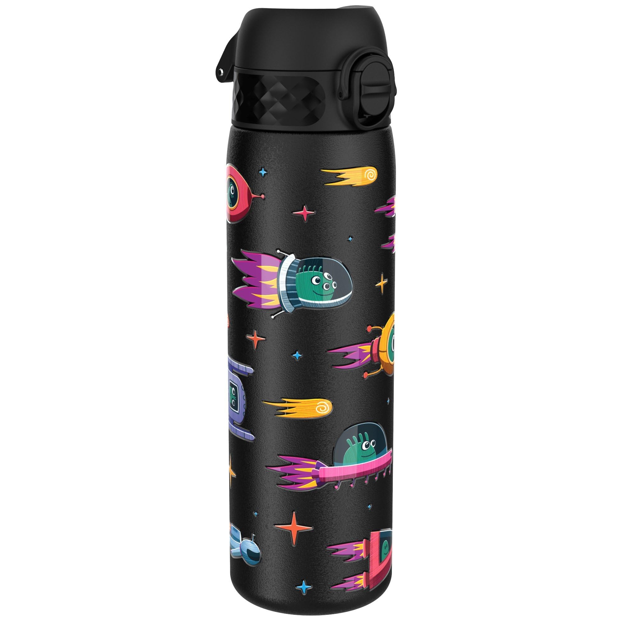 ion8 Leicht Stahl-Trinkflasche, 600 ml, Nicht IsoliertAuslaufsicher, Einhandöffnung, Sichere Verriegelung, Spülmaschinenfest, Klappdeckel, Tragegriff, Leicht zu Reinigen, Raumschiffe