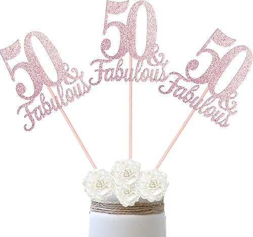 Paquete de 10 centros de mesa de doble cara color oro rosa fabuloso y cumpleaños 50 para mesas, palos de centro de mesa número 50, decoraciones de