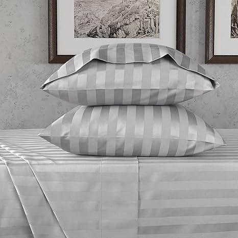 URBANHUT 800 Thread Count Egyptian Cotton Twin Size Damask Striped Sheets Set (4 Pc) - Ultra Soft & Smooth, Thick & Crisp Sateen Weave Twin Bedsheets, Fits Upto 16" Mattress - Silver Grey