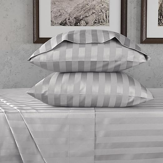 URBANHUT 800 Thread Count Egyptian Cotton Twin Size Damask Striped Sheets Set (4 Pc) - Ultra Soft & Smooth, Thick & Crisp Sateen Weave Twin Bedsheets, Fits Upto 16" Mattress - Silver Grey