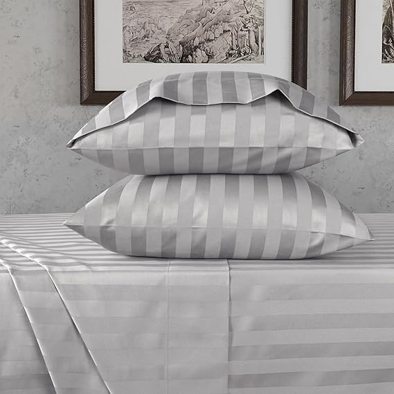 URBANHUT 800 Thread Count Egyptian Cotton Twin Size Damask Striped Sheets Set (4 Pc) - Ultra Soft & Smooth, Thick & Crisp Sateen Weave Twin Bedsheets, Fits Upto 16" Mattress - Silver Grey