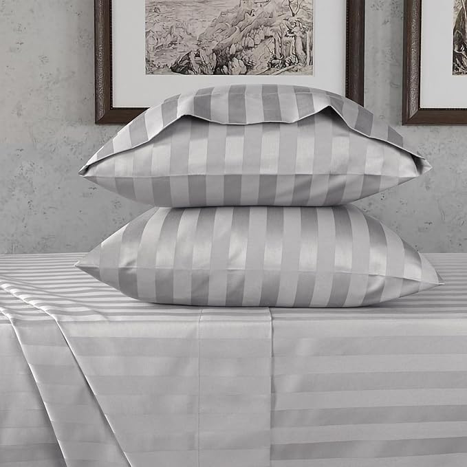 URBANHUT 800 Thread Count Egyptian Cotton Twin Size Damask Striped Sheets Set (4 Pc) - Ultra Soft & Smooth, Thick & Crisp Sateen Weave Twin Bedsheets, Fits Upto 16" Mattress - Silver Grey