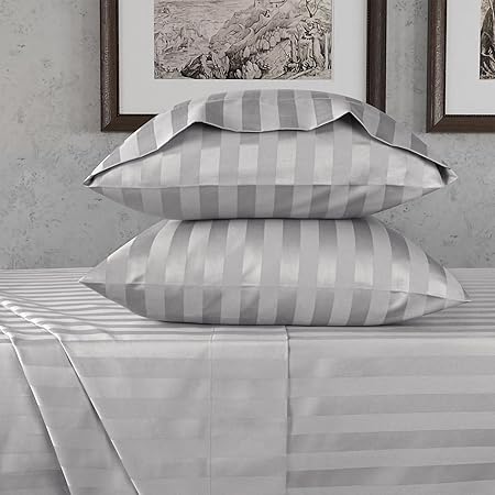 URBANHUT 800 Thread Count Egyptian Cotton Twin Size Damask Striped Sheets Set (4 Pc) - Ultra Soft & Smooth, Thick & Crisp Sateen Weave Twin Bedsheets, Fits Upto 16" Mattress - Silver Grey