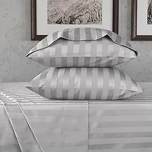 URBANHUT 800 Thread Count Egyptian Cotton Twin Size Damask Striped Sheets Set (4 Pc) - Ultra Soft & Smooth, Thick & Crisp Sateen Weave Twin Bedsheets, Fits Upto 16" Mattress - Silver Grey