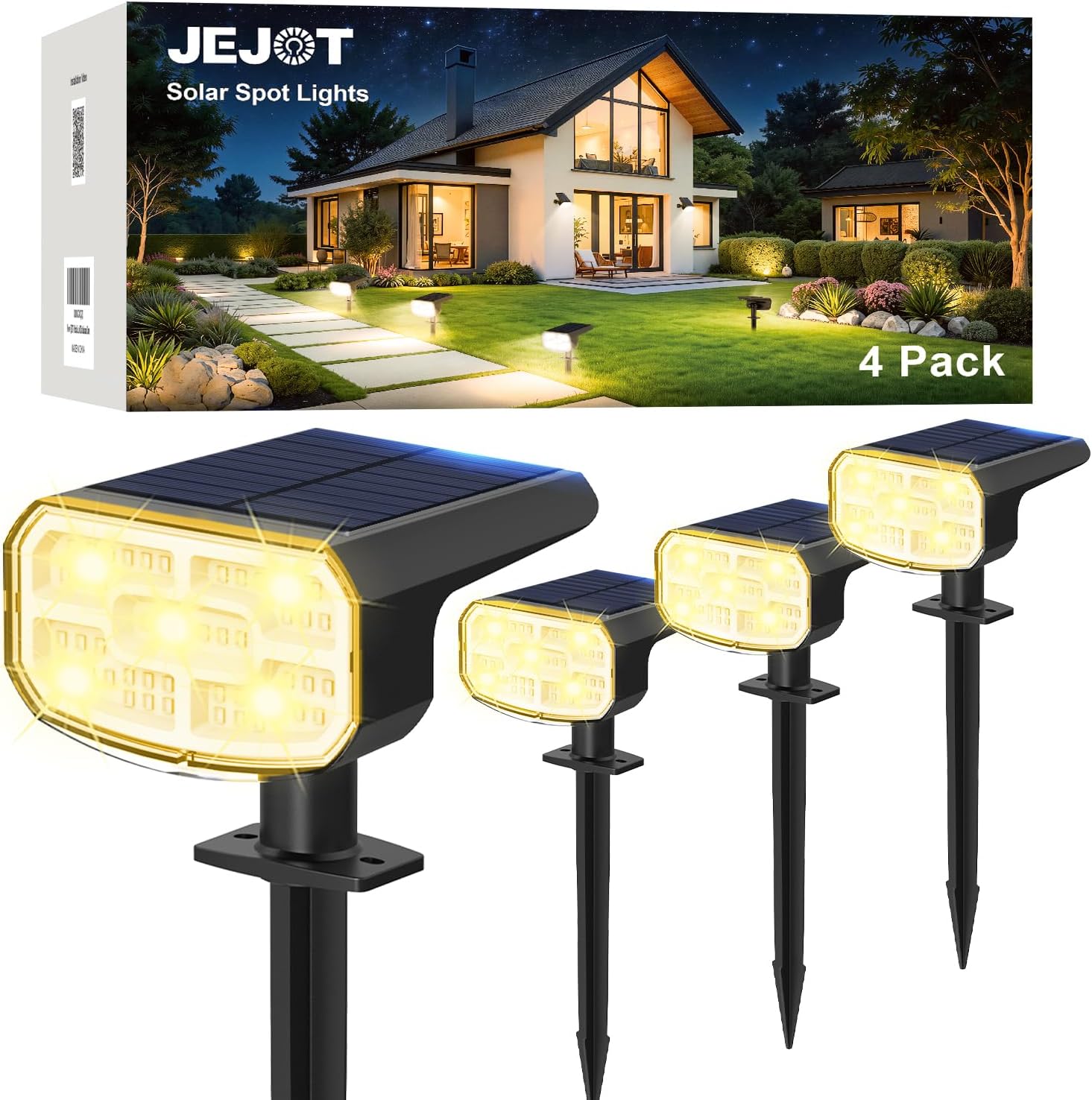 Solar Lights Outdoor Waterproof IP65, Super Bright LED, 3000K 2 Lighting Modes, Solar Powered Yard Garden Solar Spot Lights for Outside Landscape Auto On/Off -4 Pack
