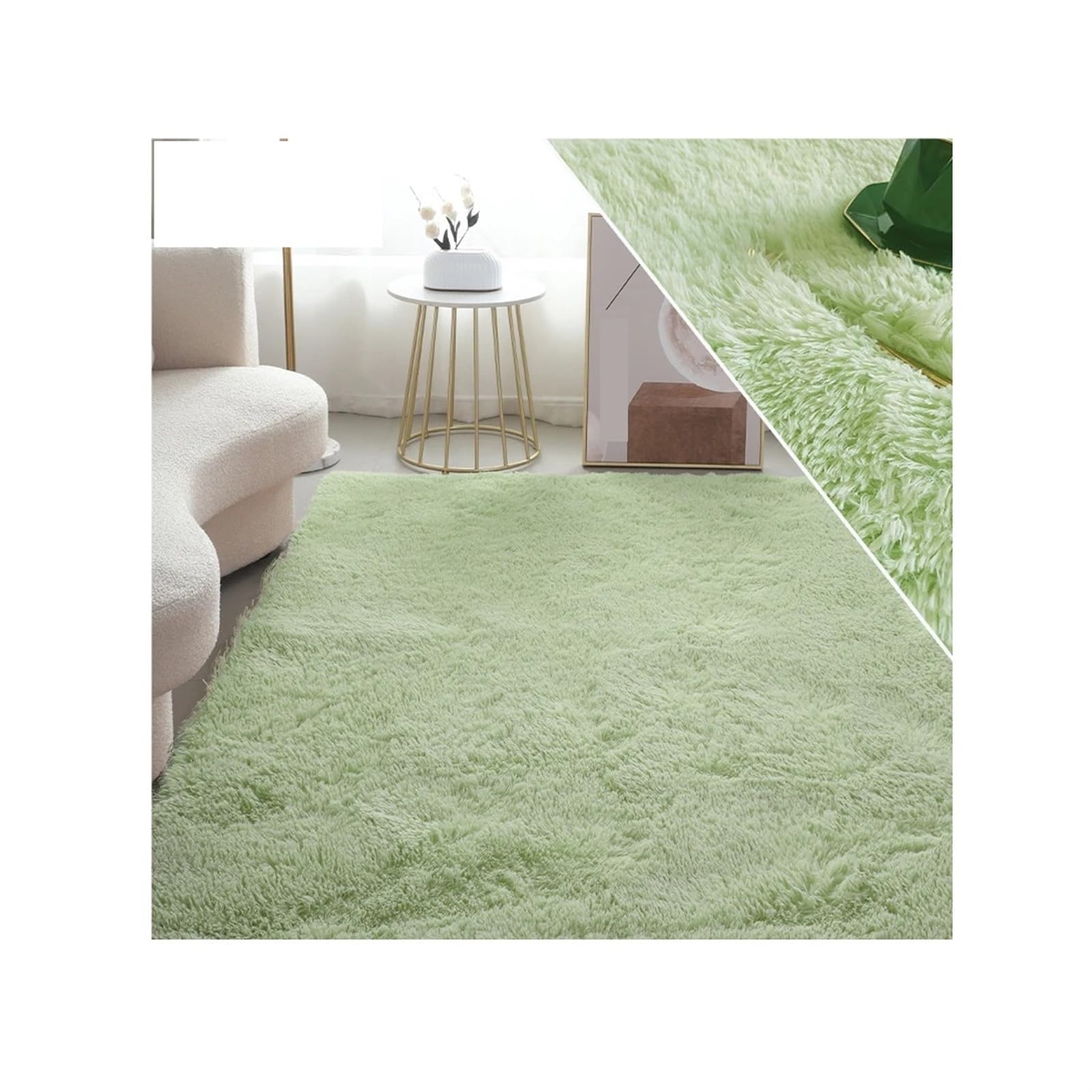 Tapis moelleux vert clair pour réchauffer l'ambiance du salon et de la chambre