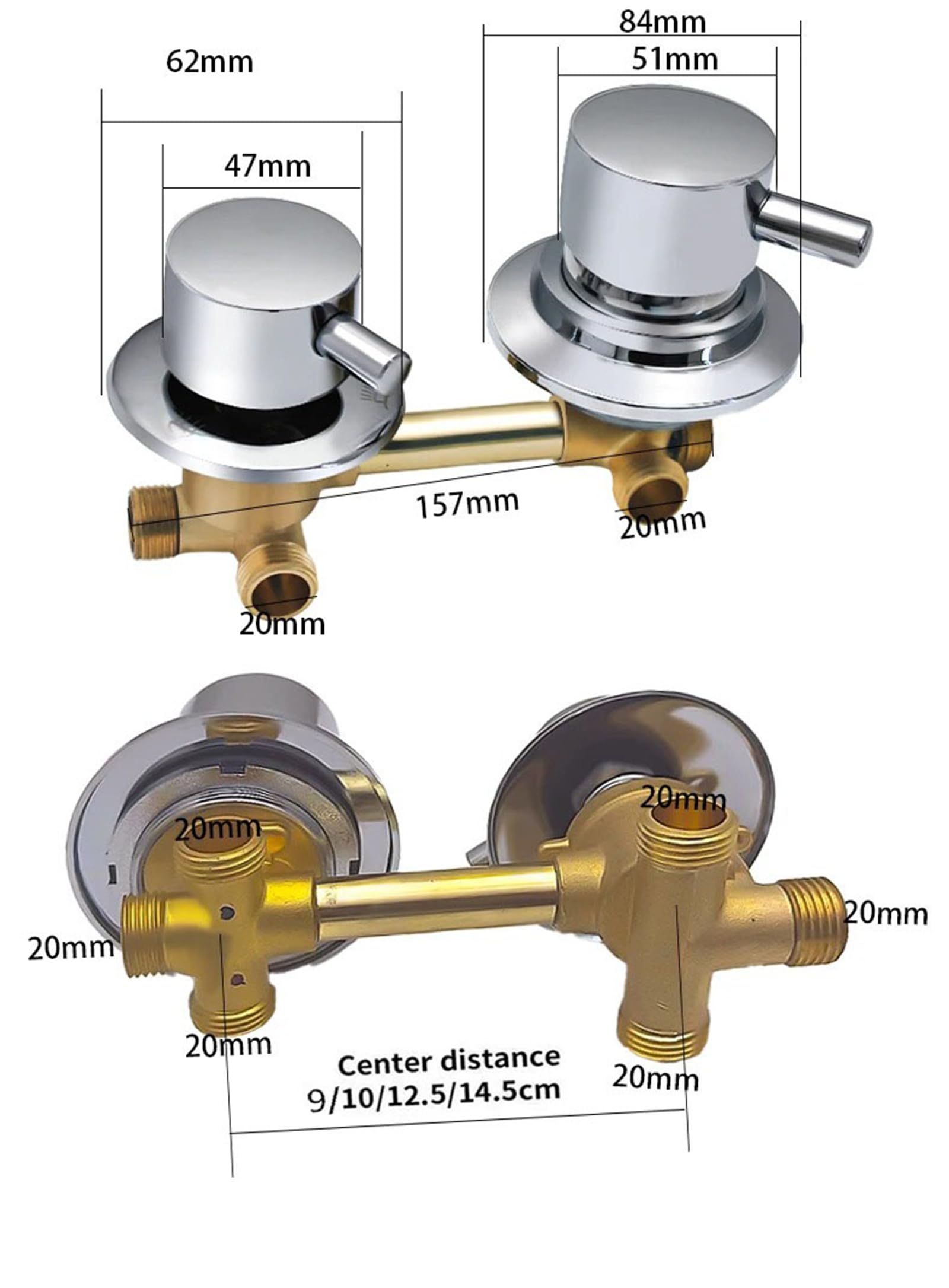 4-drożny mosiężny zawór prysznicowy parowy do neratora parowego - wloty 9 cm/10 cm/12,5 cm/14,5 cm, bateria wannowa, łatwe wkładanie, idealna kontrola łazienki