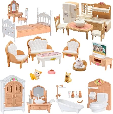 36Pcs Dollhouse Furniture Set,Miniature 1:12 Scale Dolls House Accessories with Cat,Dog,Kitchen, Dining Room, Living Room,Bedroom for Playhouse Toy(Beige)