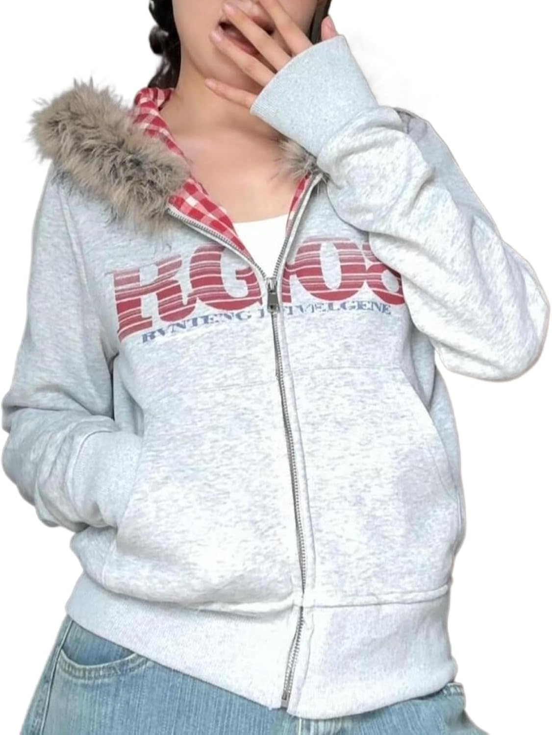GGOOB Grunge Fur Hood Zip Up Hoodie Women Teen Girls Y2k Emo Goth 2000s Sweatshirts Cute Fall Winter Crop Coats image 5