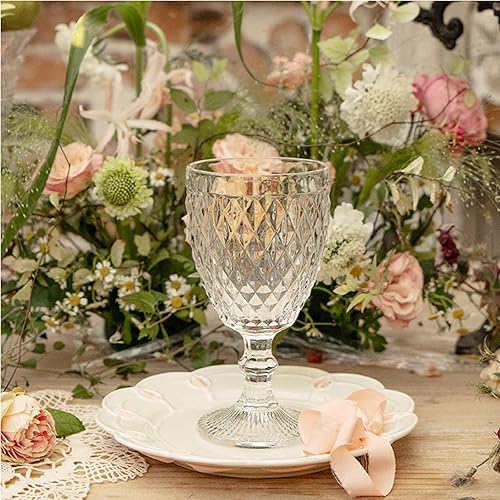 Vista 6 de ZOOFOX Juego de 6 vasos de copa de agua, copas de vino de tallo de 10 onzas con diseño en relieve, cristalería vintage para aniversario, boda