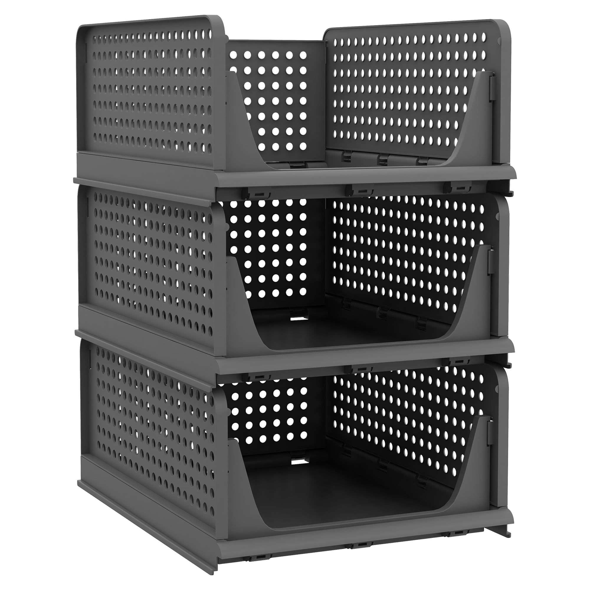Pinkpum 3 Pack Folding Closet Organizers Storage Box, Stackable Plastic Drawer Basket for Clothing, Stackable Storage Bins Shelf Storage Container for Closet Wardrobe Bedroom Bathroom Office (Black)