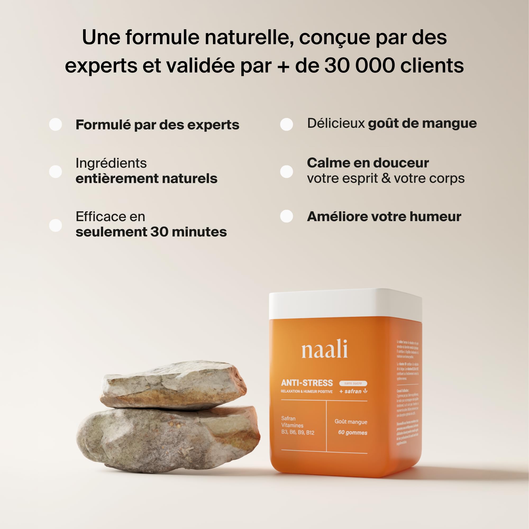 Naali Gummies Anti Stress Safran Vitamines B3 B6 B9 B12 – 60 Gommes - Fatigue, Soutien de l’Humeur, Énergie Mentale – Sans Sucre, Goût Mangue – Complément Bien-Être, Équilibre Intérieur