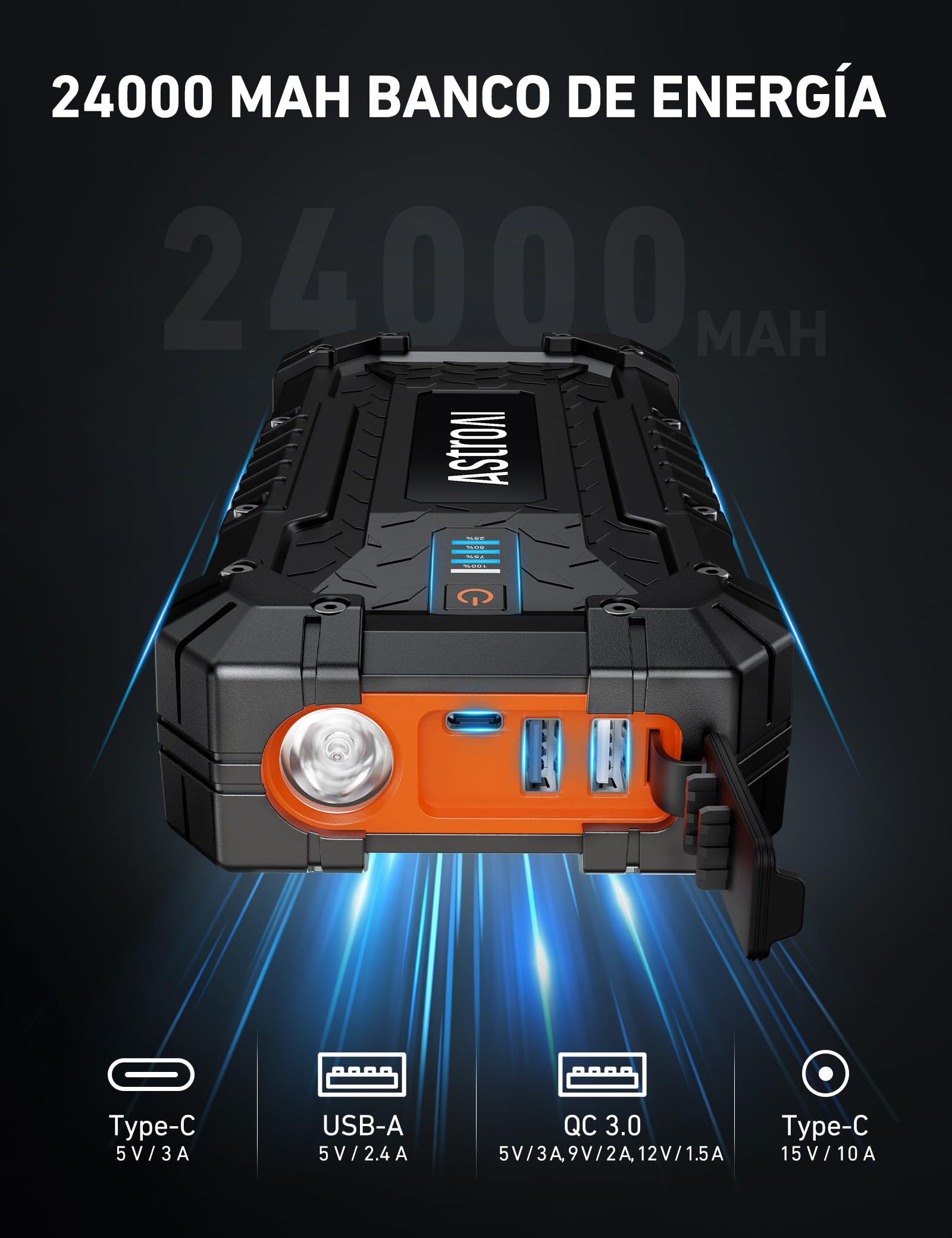 AstroAI S8 Ultra Arrancador de Baterias de Coches, 4000 A Arrancador de Coche Portátil de Gasolina de hasta 10 L y diésel de 8 L, 12 V Arrancador de Coches con Cables de Arranque, Carga Rápida