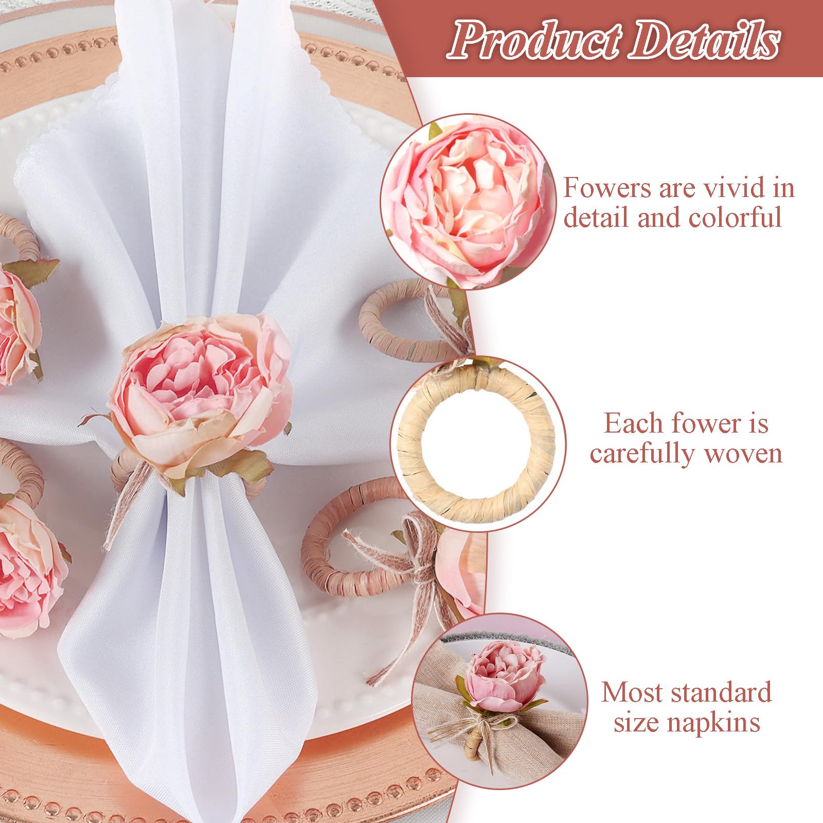 Lot de 6 Ronds de Serviette Pivoine Rose – Boucle en Paille de Raphia Tissée à la Main – Décoration de Table Élégante pour Mariage, Fête & Repas Gourmand