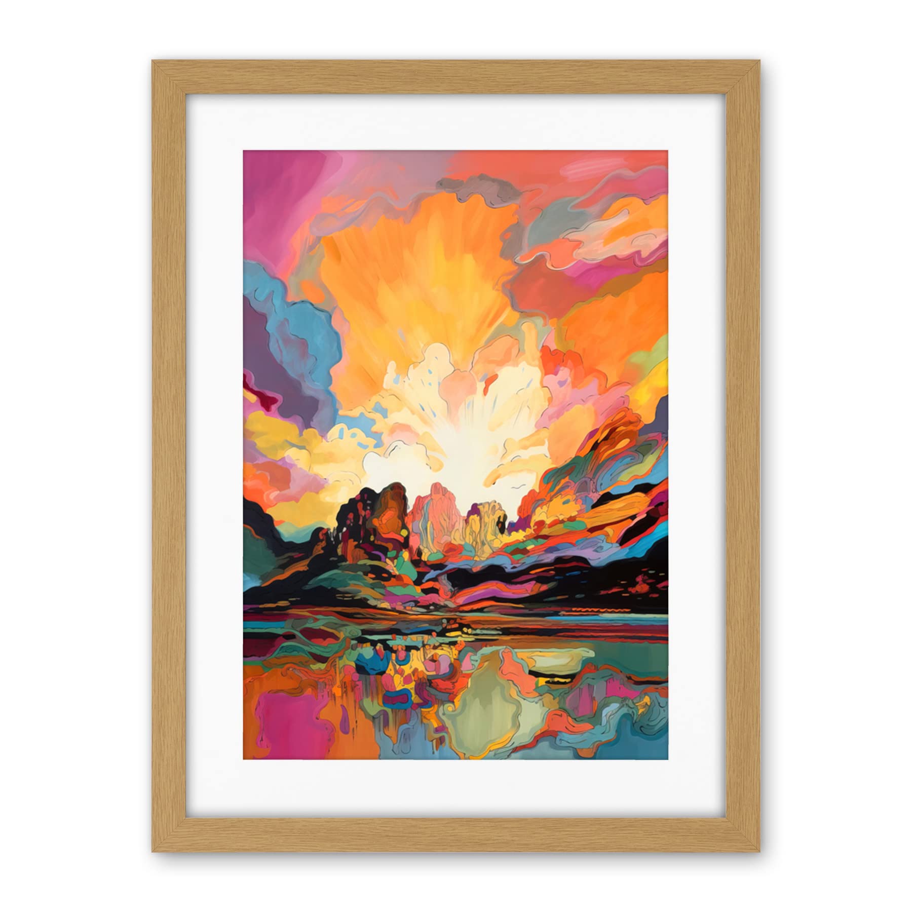 Artery8 Atmospheric Sunset Clouds Vibrant Colour Lakescape Modern Watercolour Painting Artwork Framed Wall Art Print 18X24 Inch