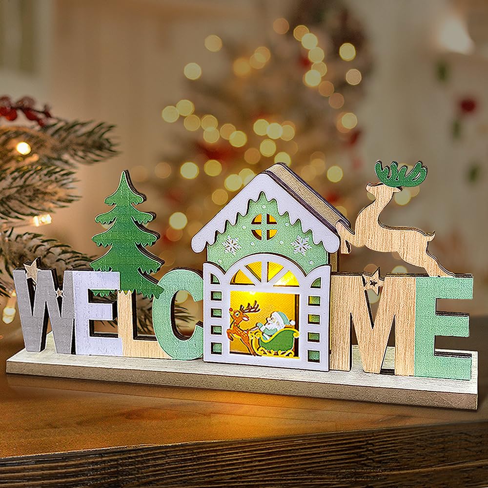 Decoracion Navidad Hogar de Madera, Letras Iluminadas con LED Luces, Adornos Navideños para Casa, Adornos Navidad Interior, Accesorios Navidad Iluminada Luz Letras Decorativas Decoración de Mesa (B)