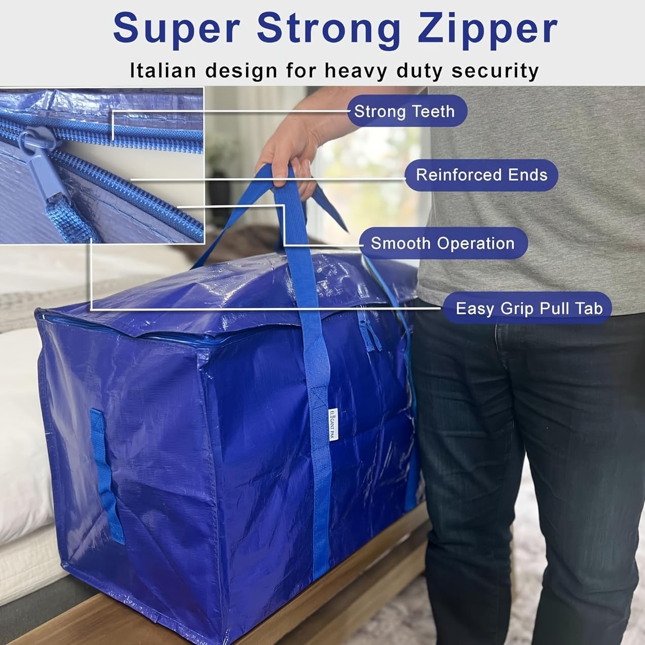 6-Pack Extra Large Moving Bags with Heavy-Duty Zippers, Reinforced Handles & Tear-Resistant Fabric, Space-Saving Storage Totes for Home Organization, Packing, and Moving Supplies