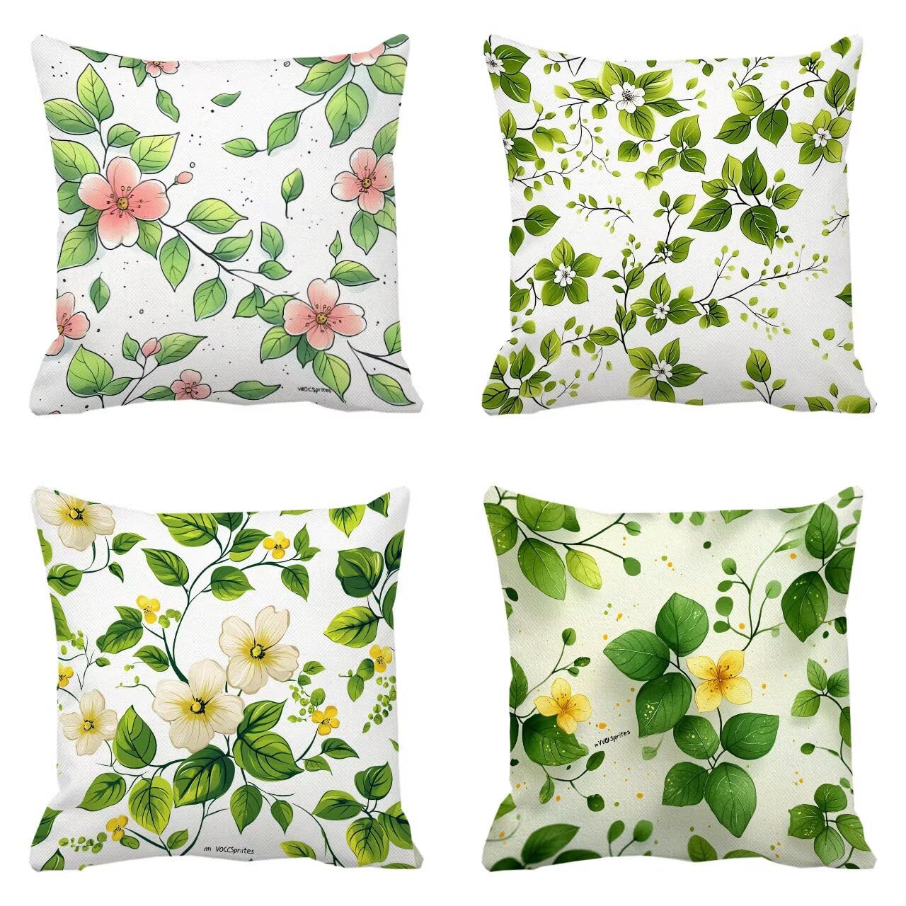 Juego de 4 Fundas Cojines Verde Flores (1) 55 x 55 cm Fundas Cojines, Decoración Moderna Cojin Exterior, para Sofá salón Coche Cama Sillas Decoración, Cuadrado Terciopelo Sofá Cojín Exterior m-407