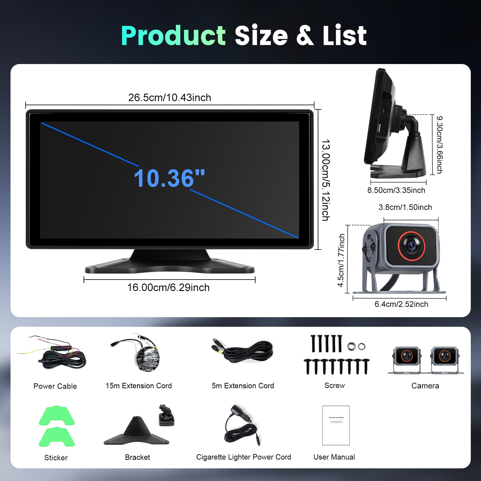 Hodozzy Rückfahrkamera Monitor 2 Kameras Wireless Carplay Android Auto,10,36 Zoll HD IPS Touch Screen Bildschirm,Tragbares Autoradio mit Bluetooth Mirrorlink Video-schleifenaufzeichnung FM AUX USB