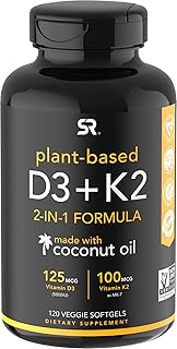 Sports Research Vegan Vitamin D3 + K2 Supplement with Organic Coconut Oil - 5000iu Vitamin D with 100mcg Mk7 Vitamin K - Supports Calcium for Stronger Bones & Immune Health - 120 Softgels for Adults