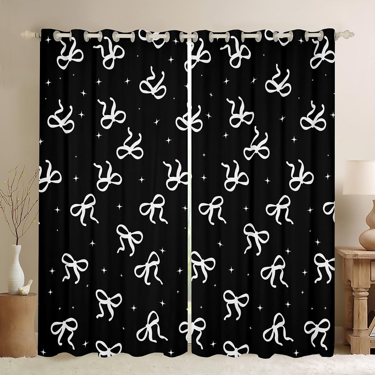 Black and White Bow Blackout Curtains Girls Women Black Coquette Window Curtains 2 Panel Sets 38"Wx45"L Kids Preppy Aesthetic Window Treatments Drapes for Bedroom Teens Adults Modern Fashion Bow Decor