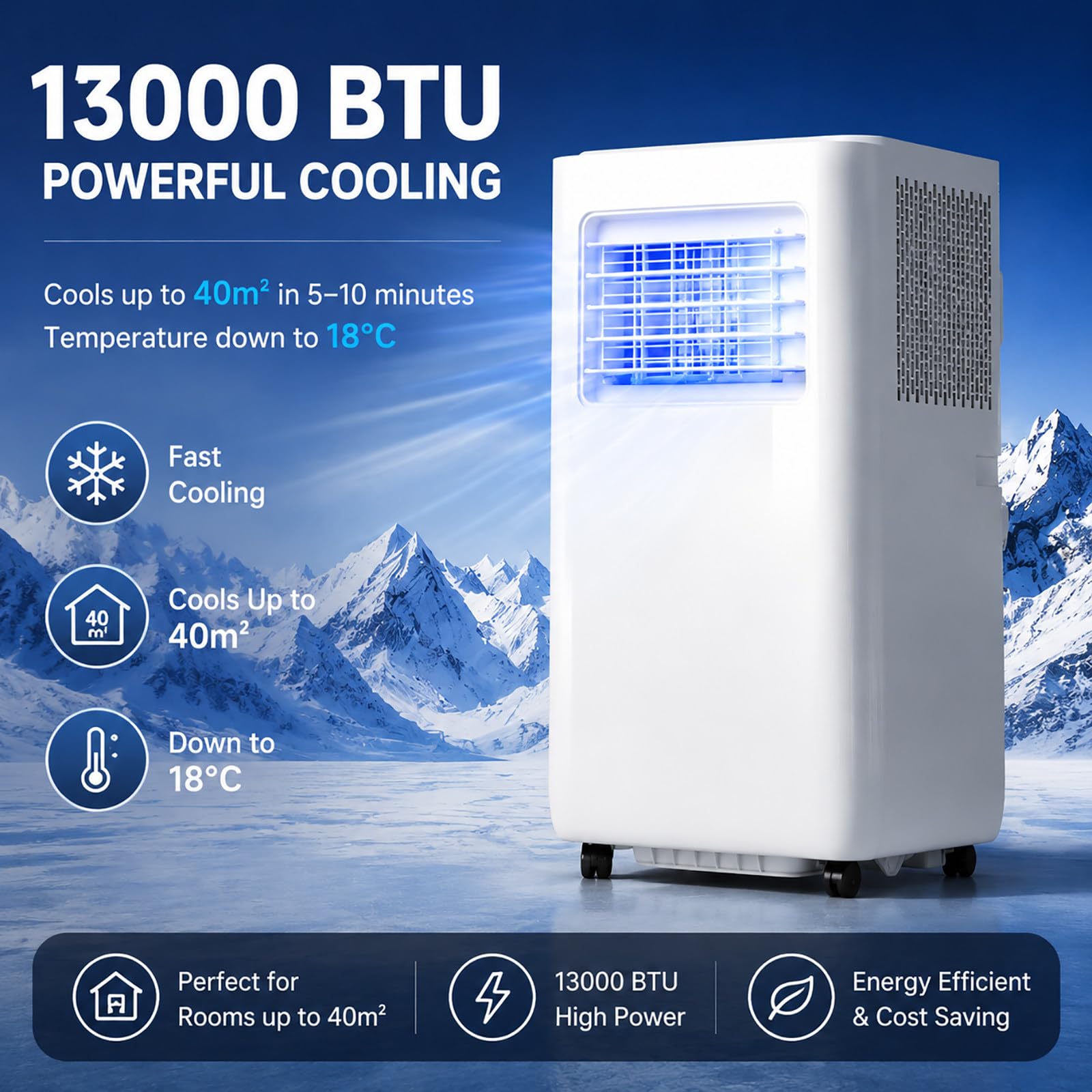 Przenośny klimatyzator 3 w 1, 13 000 BTU, klimatyzator podłogowy do pomieszczeń o powierzchni do 40 m², z pilotem zdalnego sterowania – idealny do sypialni i biura