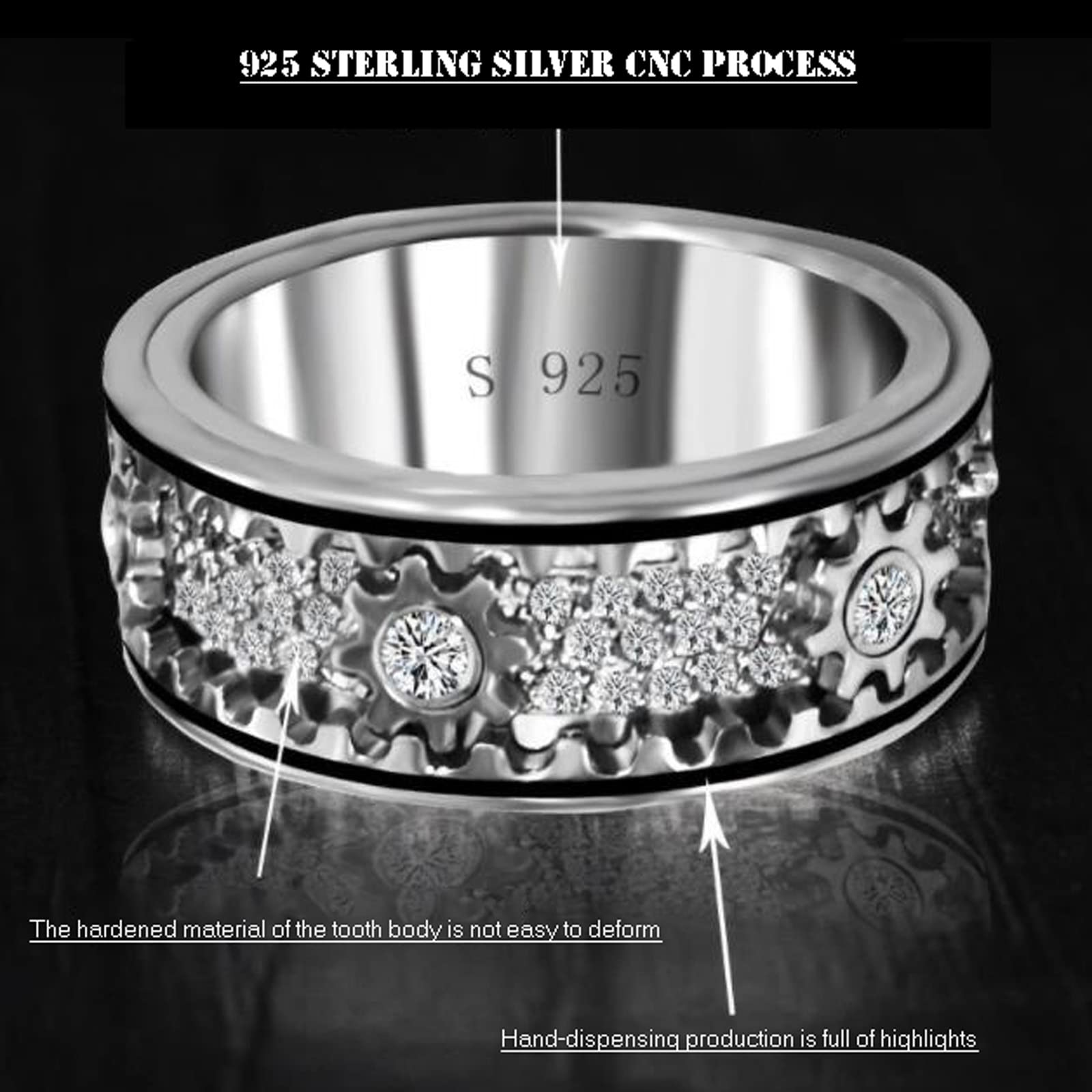 Gear Diamond Ring 925 Sterling Silber Gypsophila drehbarer Ring mit Diamant, Anti-Angst Stressabbau Viel Glück Kristallringe Schmuck Accessoires für Männer Frauen Liebhaber Geschenke