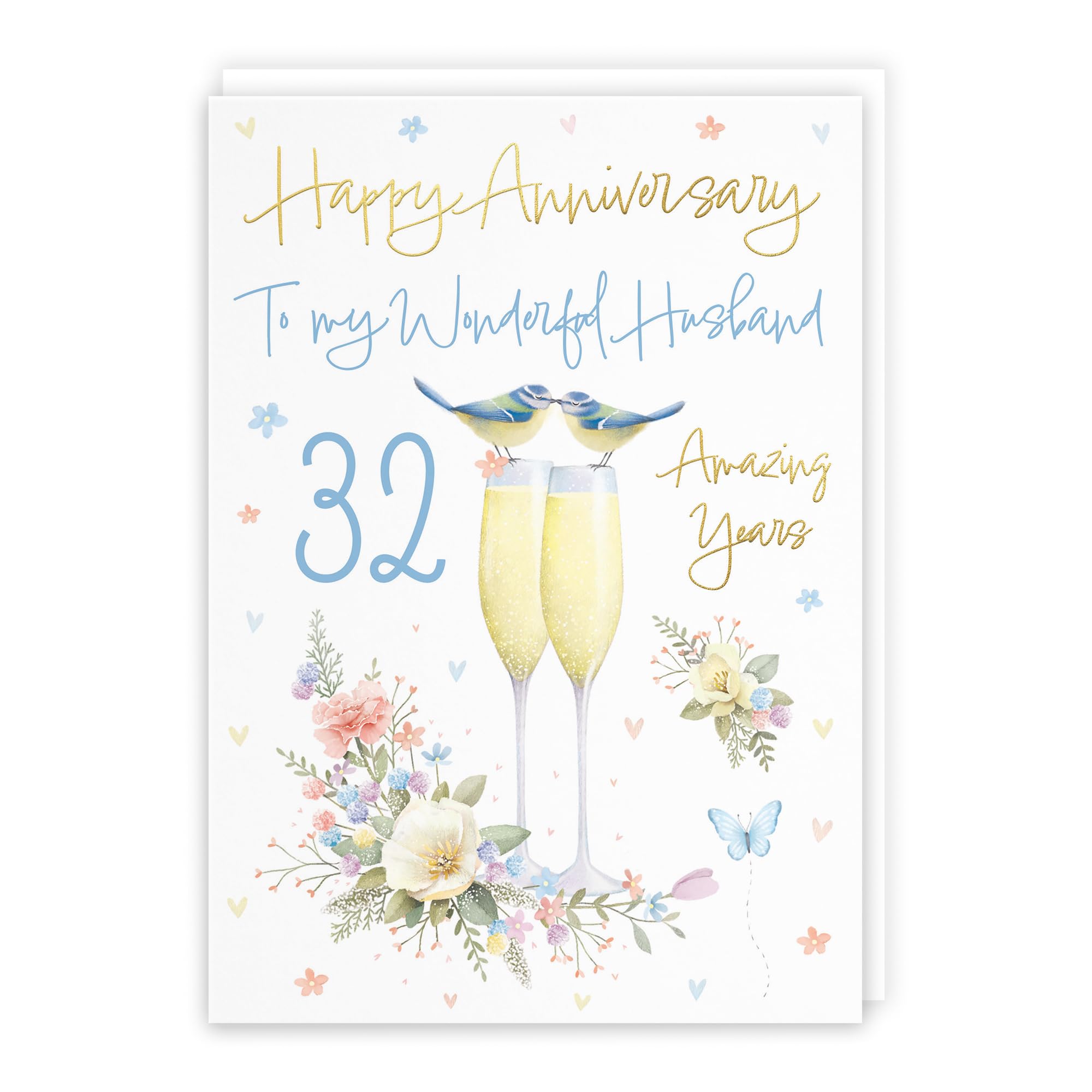 Hunts England, Husband 32nd Anniversary Card, A5 Size, Champagne Flutes, Gold Foil, 32nd Anniversary Card For Husband