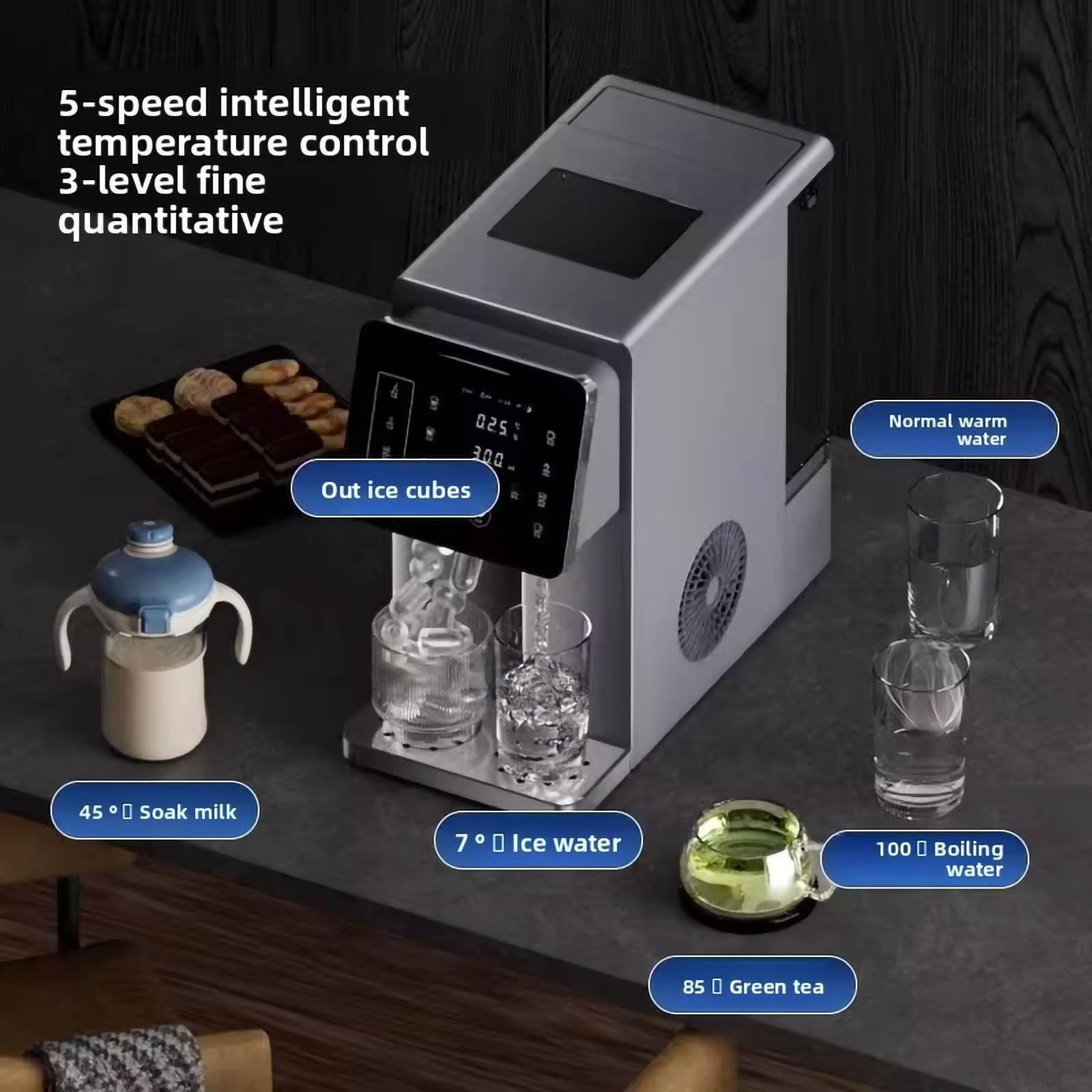 Máquina for hacer hielo en encimera con dispensador de agua fría y caliente, bandeja de hielo cerrada de 9 cubitos, calentamiento instantáneo de 2100 W, modos de té de 45 °C y 85 °C