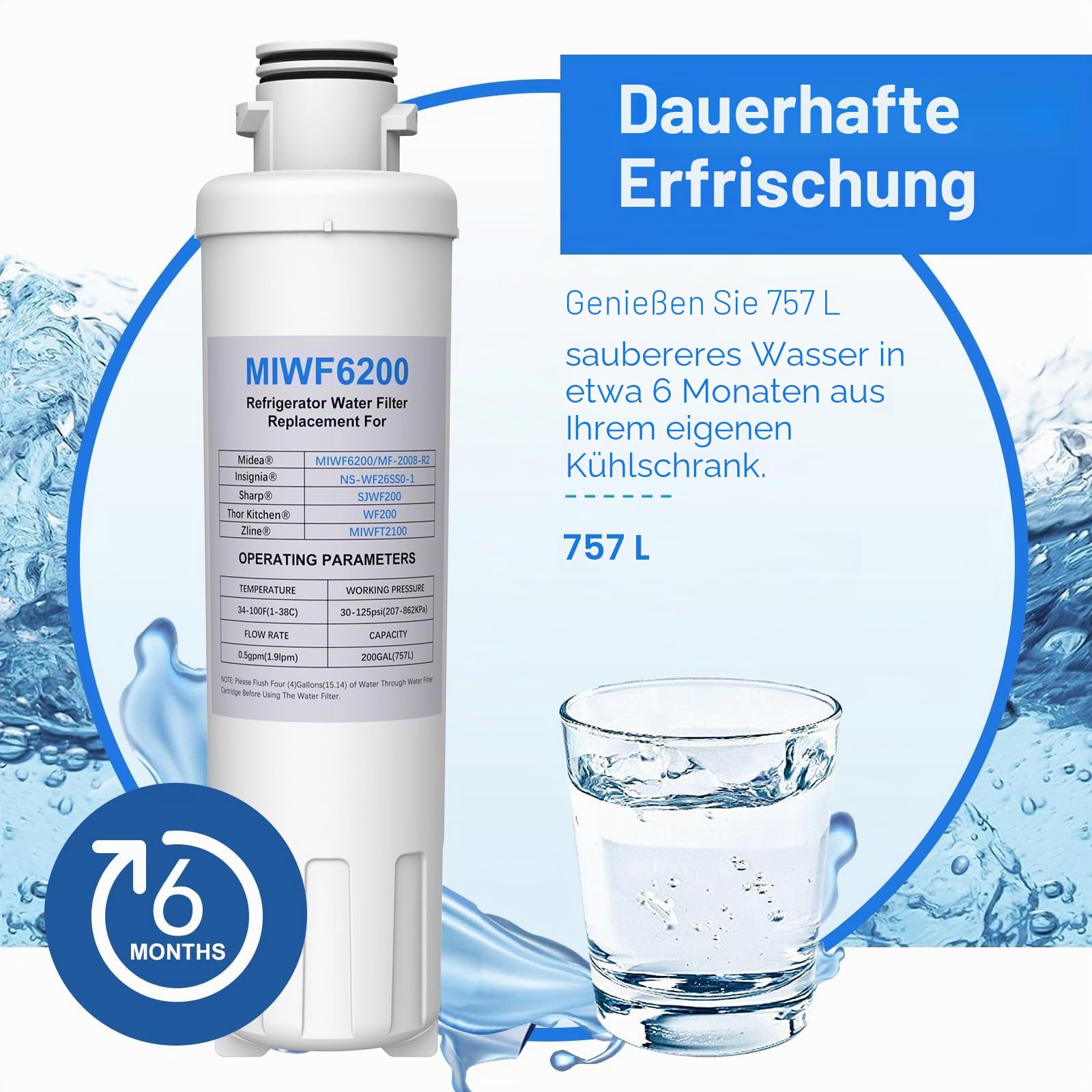 MIWF6200 Kühlschrankfilter, kompatibel mit Midea MF-2008-R2 Insignia NS-WF26SS0-1 Zline MIWFT2100 Kühlschrankfilter, 3 Stück