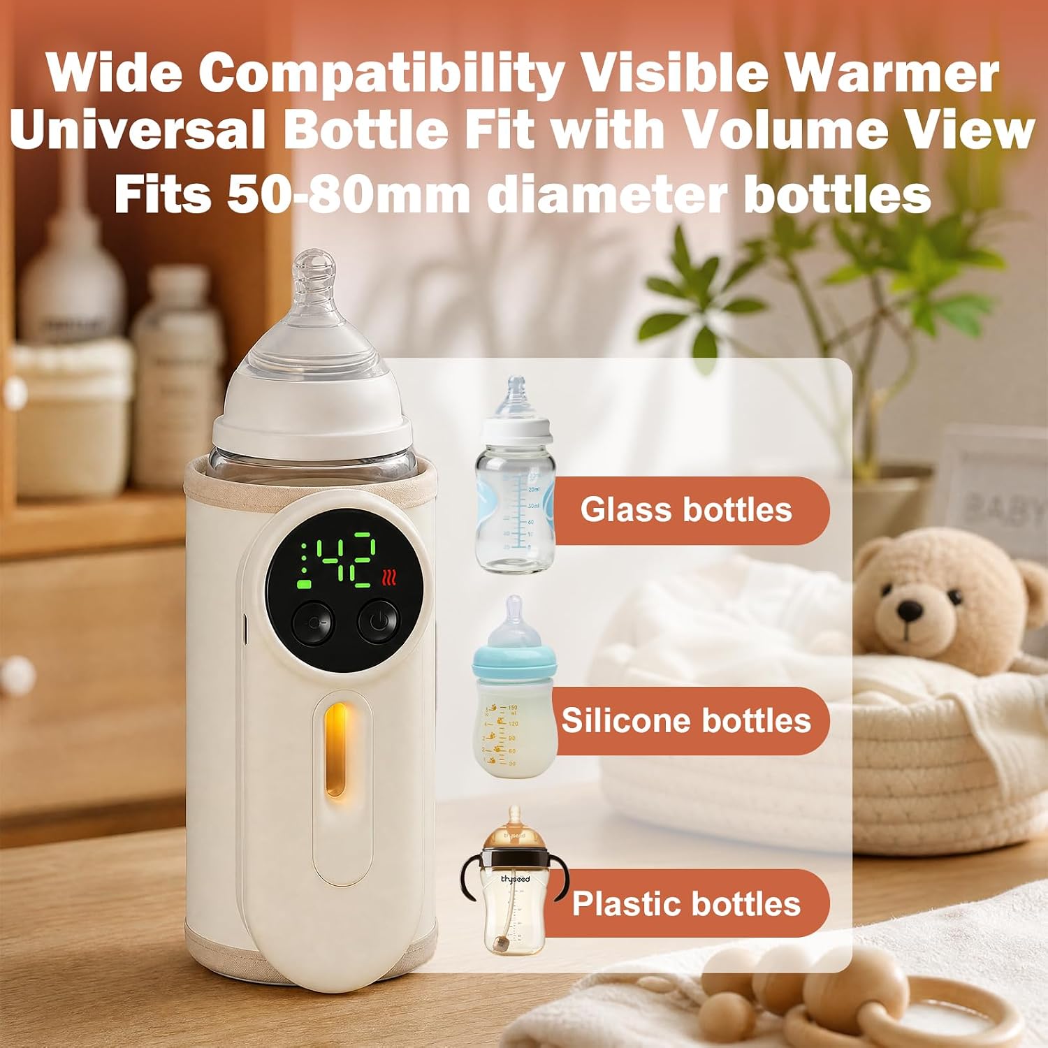 Rechargeable Portable Baby Bottle Warmer, 8000mAh Lithium Polymer Cordless Milk Heater, 6 Temp, USB-C 18W Fast Charging Travel Warming Sleeve, LED Night Light, Fits 50-80mm Bottles Breastmilk Formula image 4