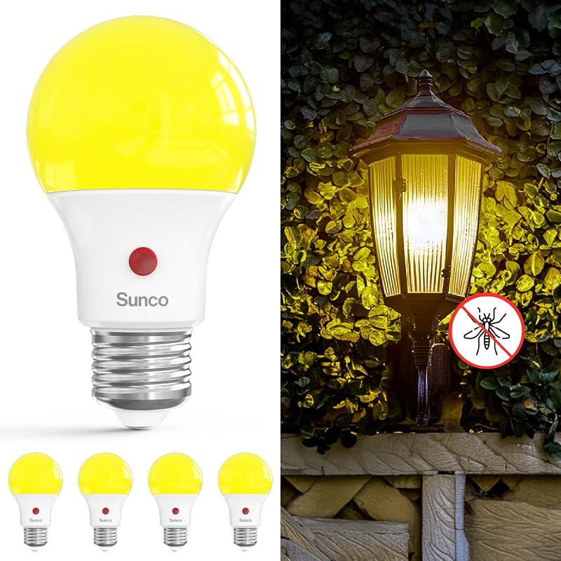 Bombilla LED Sunco A19, de atardecer a amanecer, luz contra insectos, E26, brillo ámbar de 2000 K | 9W, 480LM, paquete de 4, sensor de fotocélula, encendido/apagado automático, exterior, porche, patio, cubierta, iluminación de patio trasero, base media, bombilla