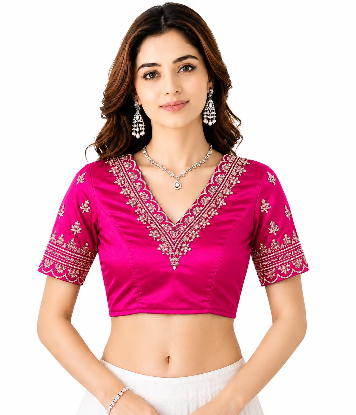 Readymade Embroidery Blouse for Women | Padded V Neck Saree Blouse | Designer Floral Zari Work Blouse Stitched Ready to Wear-image-1