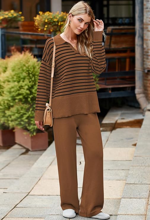Pink Queen Sweater Sets for Women 2 Piece Long Sleeve Collar V Neck Sweatsuit Knitted Stripe Pajamas
