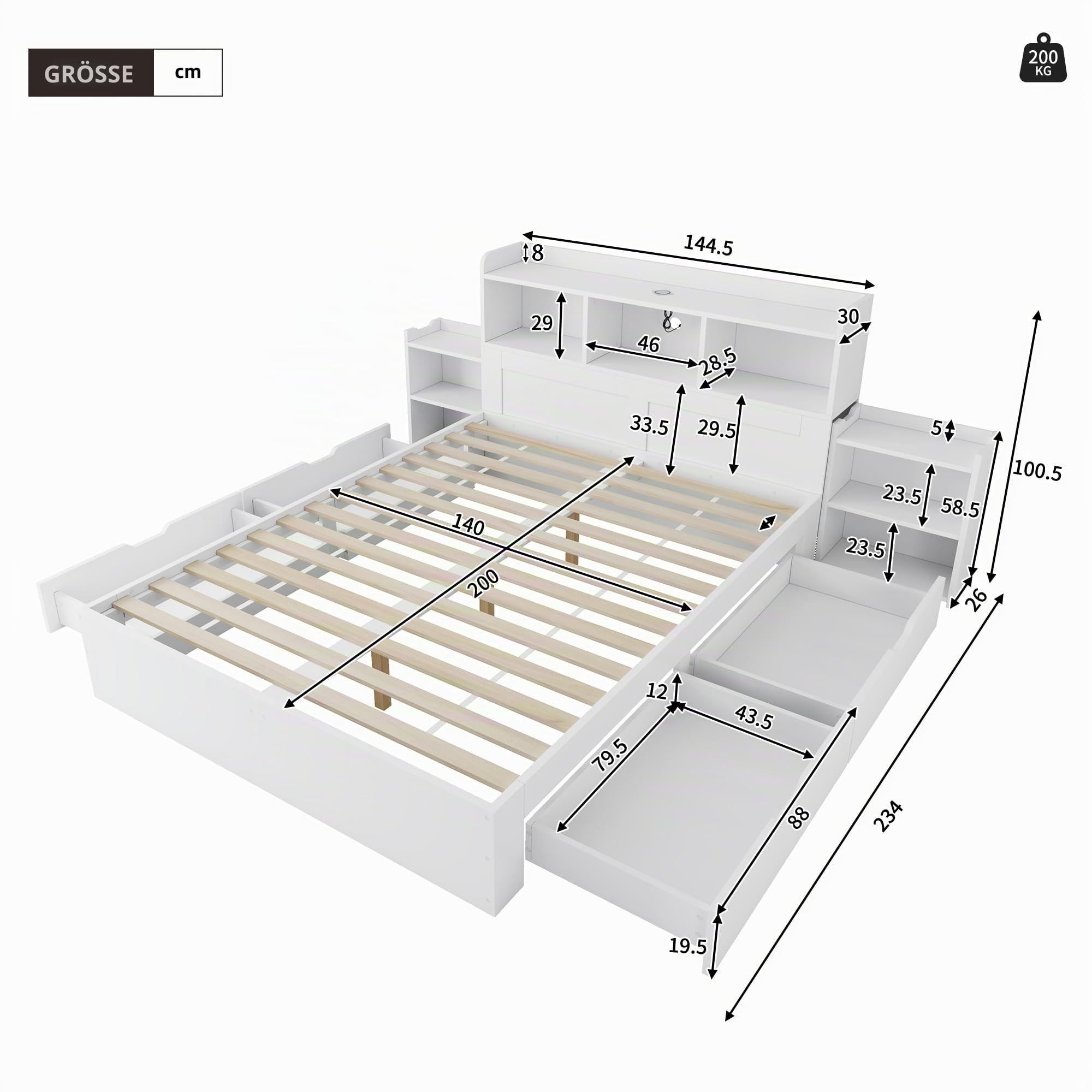 okwish Holzbett 140x200 cm Doppelbett, Funktionsbett mit Typ-C & Kabelloses Laden, Bett mit Stauraum - Stauraumbett mit Nachttischen, Schubladen & Stauschrank, Bettgestell mit Lattenrost, Weiß