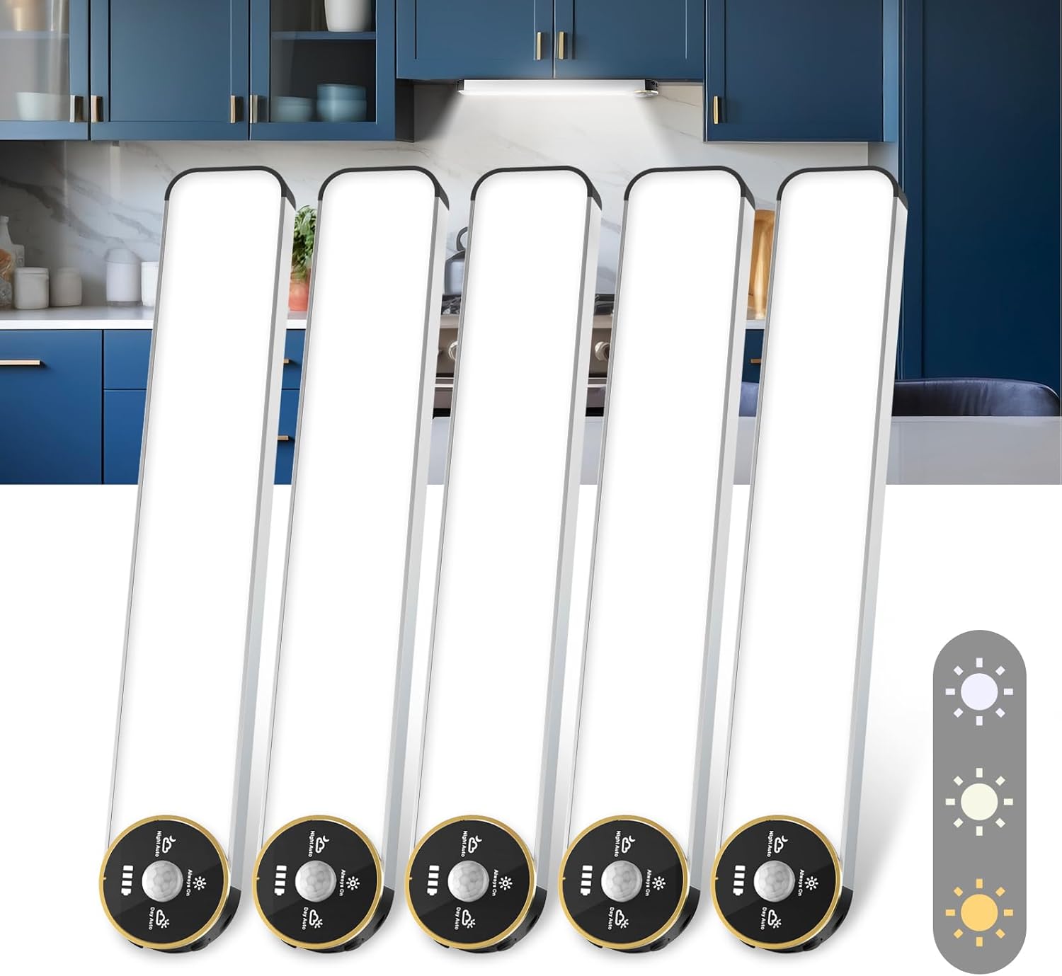 50 LED Motion Sensor Under Cabinet Lighting, 3-Color Dimmable, Rechargeable 1600mAh Battery, Digital Display, 10 Inch Wireless Closet Lighting for Kitchen & Indoor Use (5-Pack)