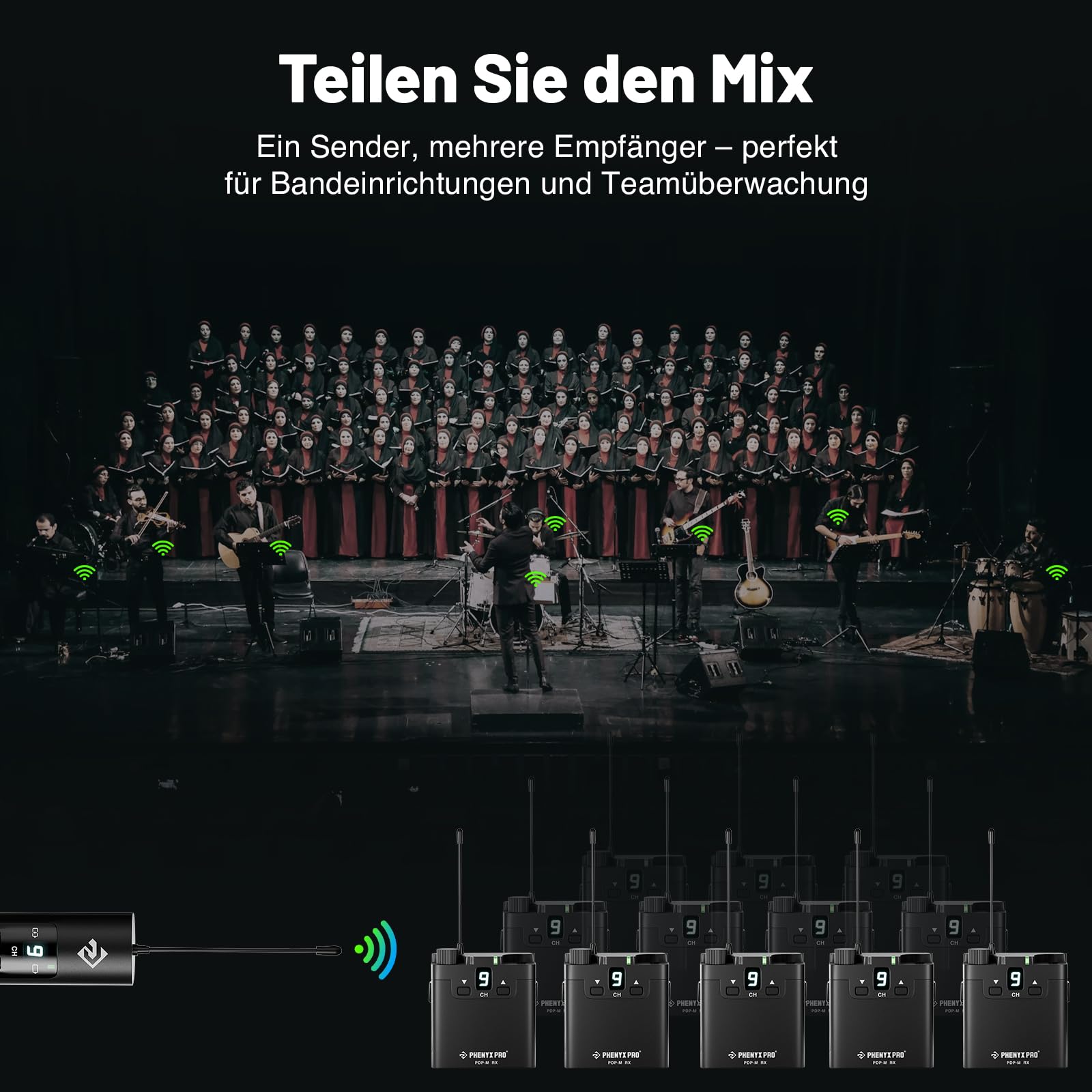 Phenyx Pro PDP-M UHF Stereo Funk-IEM-System mit Beltpack-Empfänger | 16 Frequenzen, 200 ft Reichweite, Sender & Beltpack-Empfänger, Kompaktes Design, Studio, Bands, Live-Auftritt