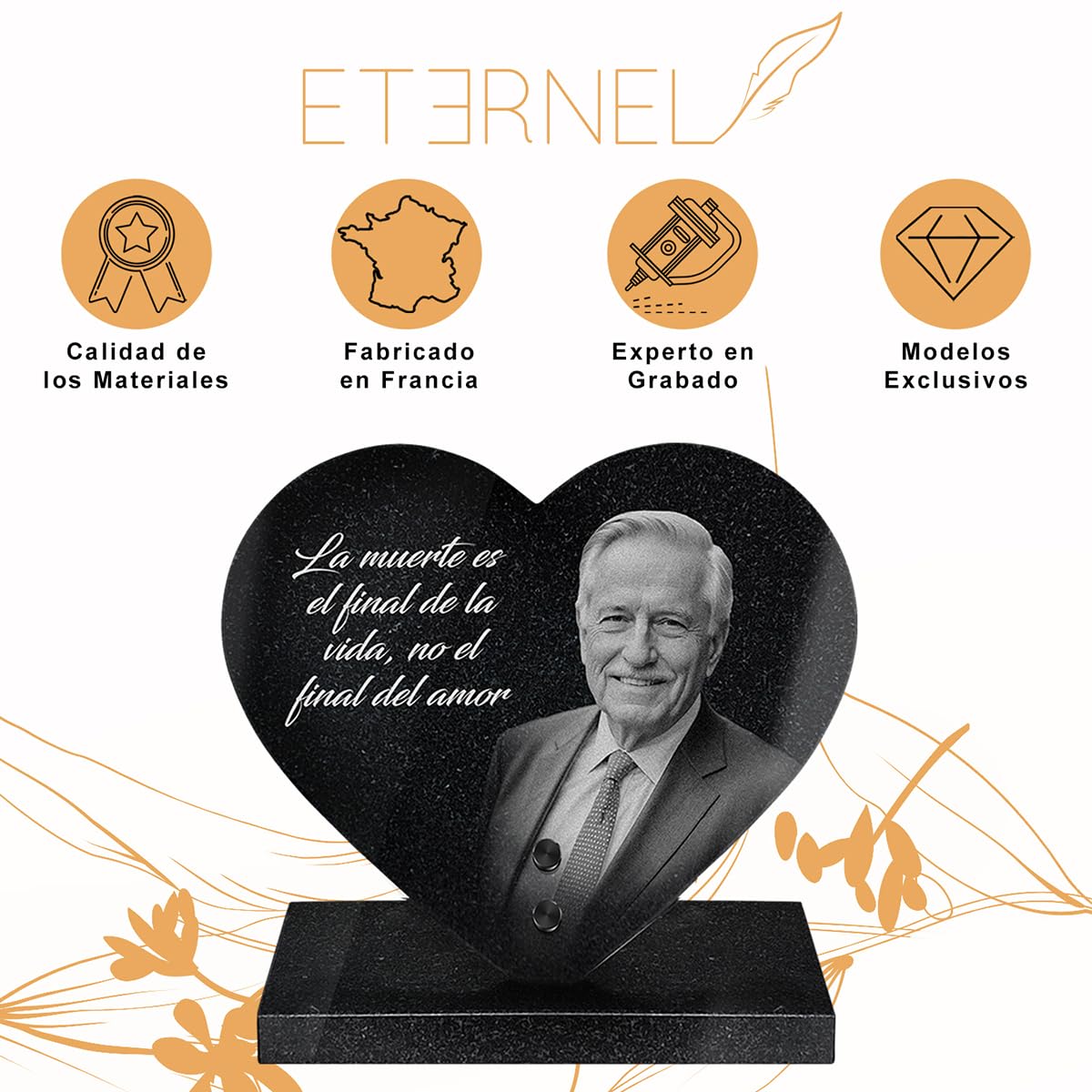 Eternel - Placa Funeraria Personalizada Premium, Corazón de Granito Macizo, Foto y Texto Grabados con Láser, Placa Funeraria con Foto Personalizada, Placa de Cementerio, Tumba, Sepultura, Entierro