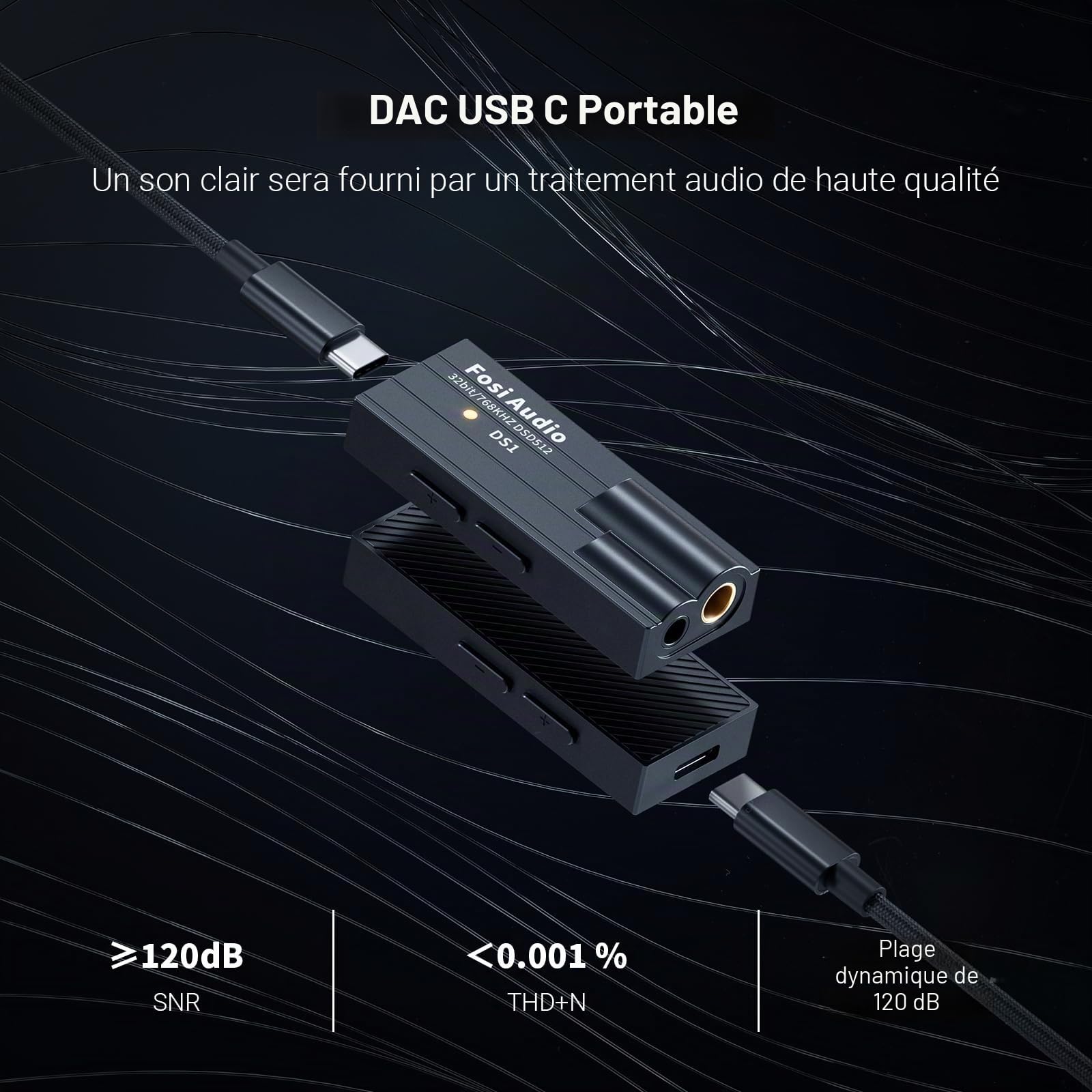 Fosi Audio DS1 Ampli Casque, Puce DSD512, Mini Amplificateur Audio, Dac Audio HiFi, USB C DAC ES9038Q2M, Prend en Charge 32 bits/768 kHz avec Double Sortie Casque 4,4 mm et 3,5 mm, pour Casque