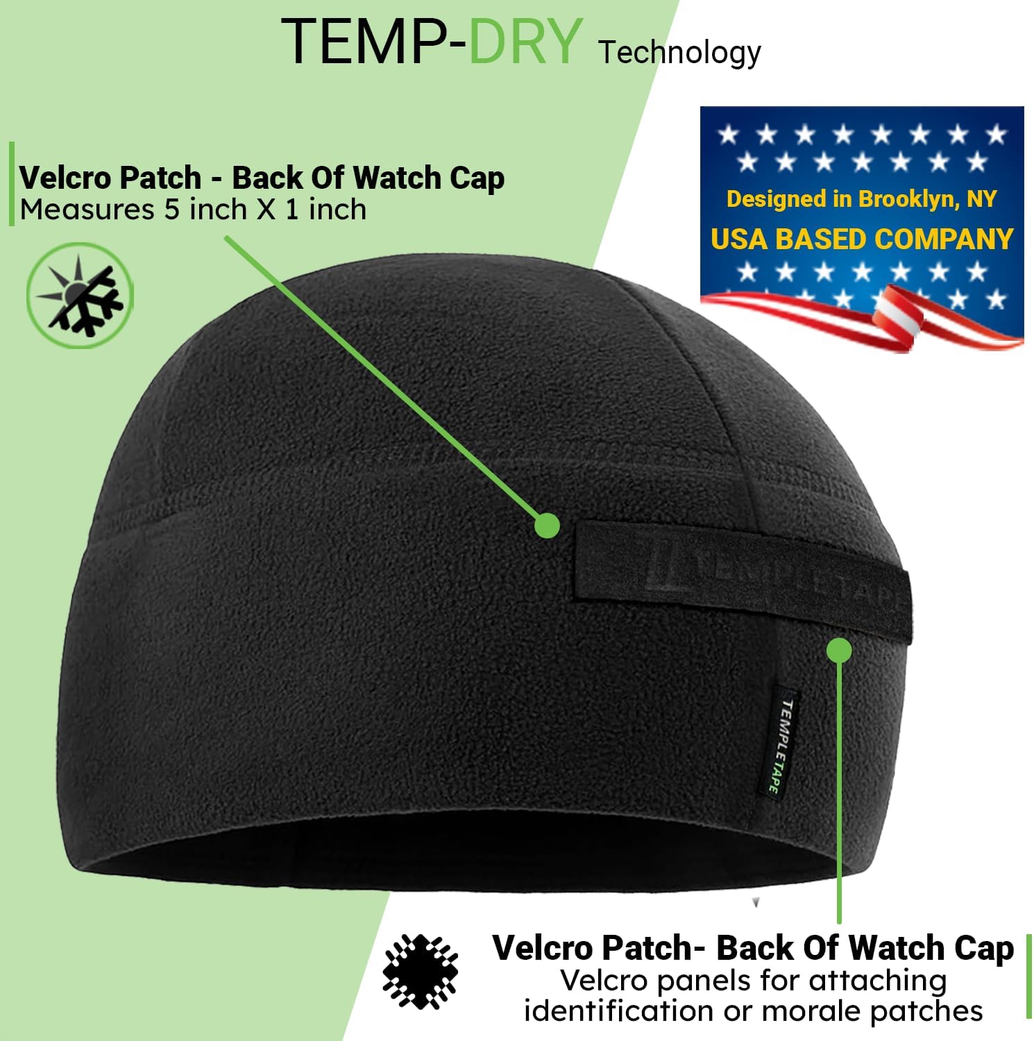 Temple Tape Tactical Beanie Hat - Front & Back Patch Panel - Multi Season Military Hats for Men - Mens Patch Army Beanies - Image 3