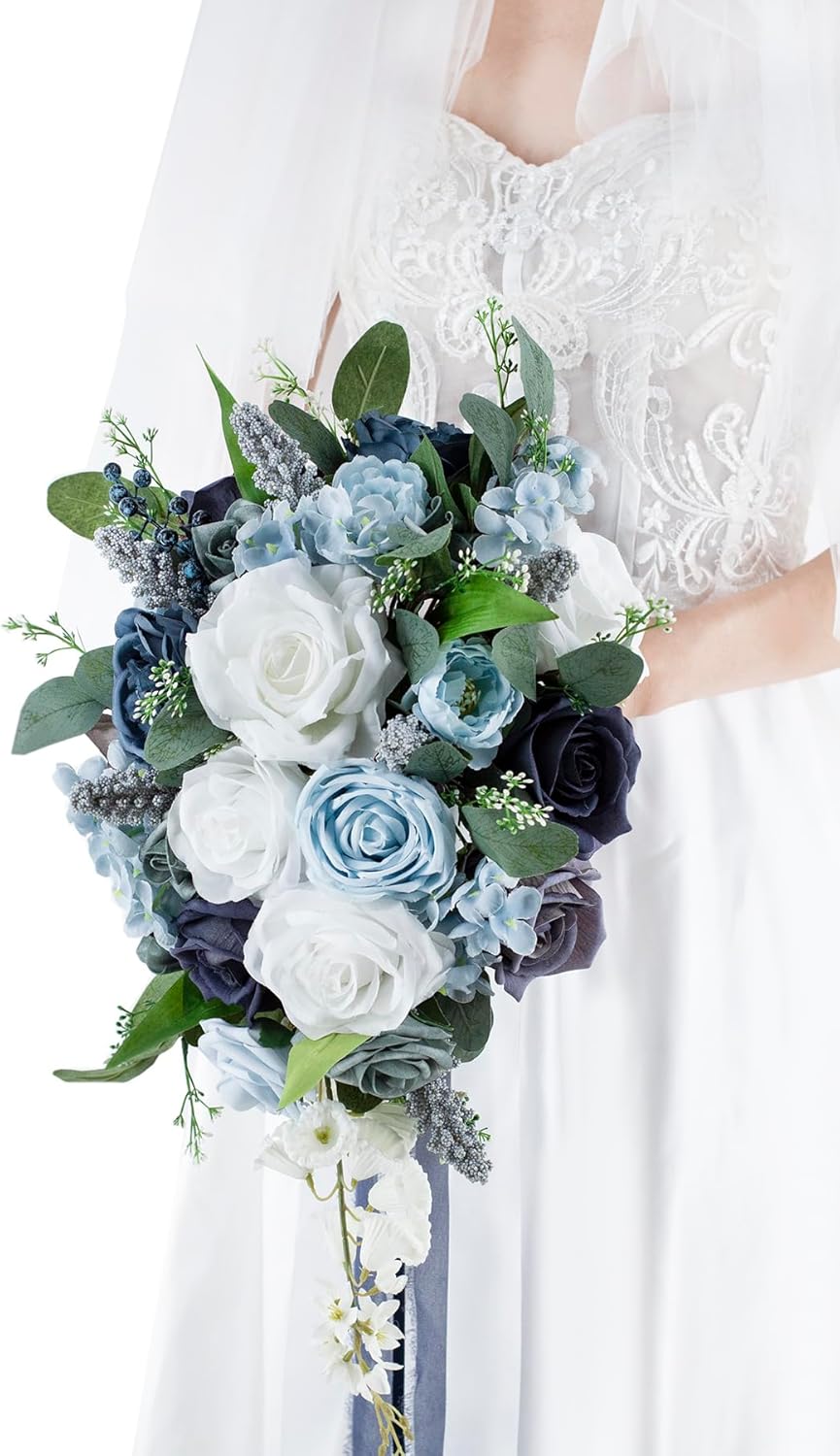 10 Inch Dusty Blue Wedding Bouquets for Bride Artificial Roses Flower Cascading Cascade Bridal Bouquet for Rustic Boho Fall Vintage Wedding Ceremony Party and Anniversary