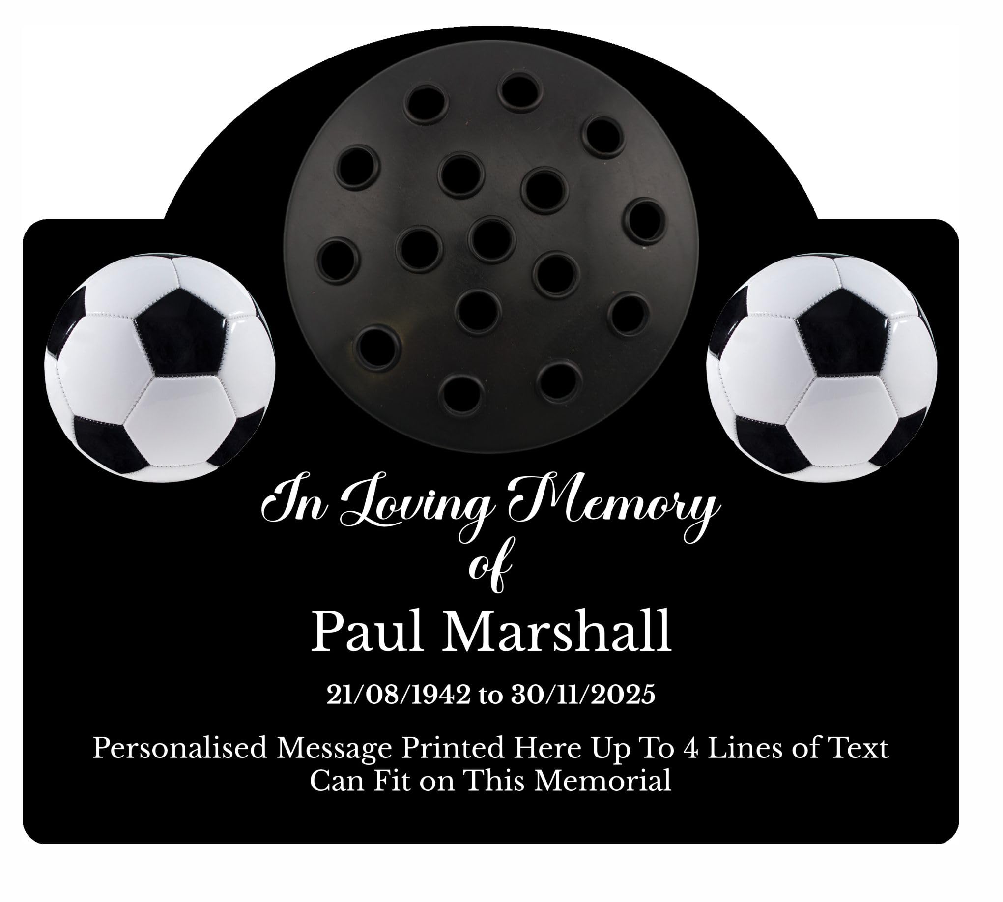 1stclassgifts Personalised Football Design Metal Grave Stone Marker Headstone Memorial Plaque In Memory Sign Remembrance Flower Pot Vase (UV PRINTED) (Black, Black Lid)